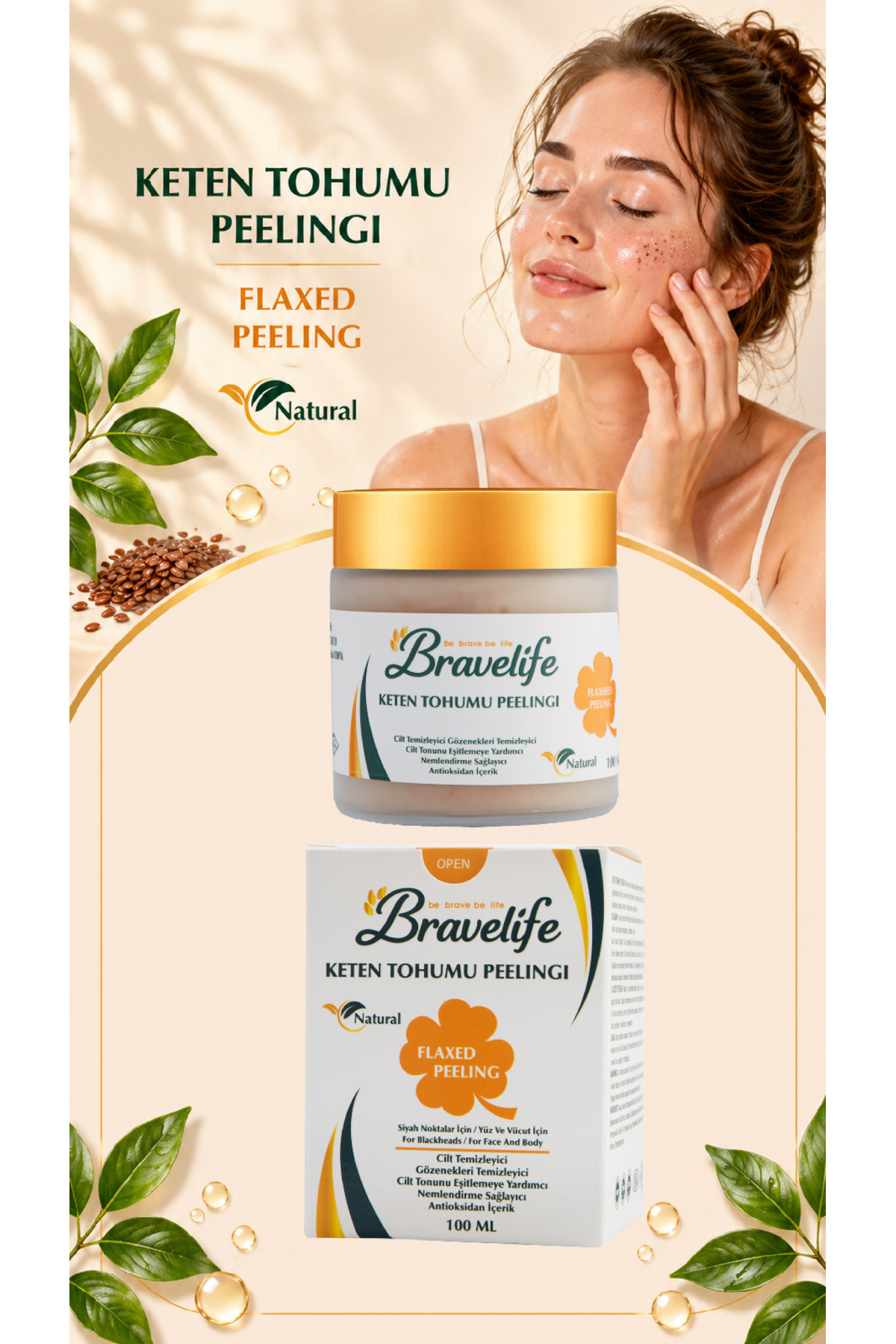 Bravelife Arındırıcı Gözenek Temizleyici Bitkisel Yağlar Pürüzsüz Cilt Pantheol Vegan Keten Tohumu Peeling 100 ML