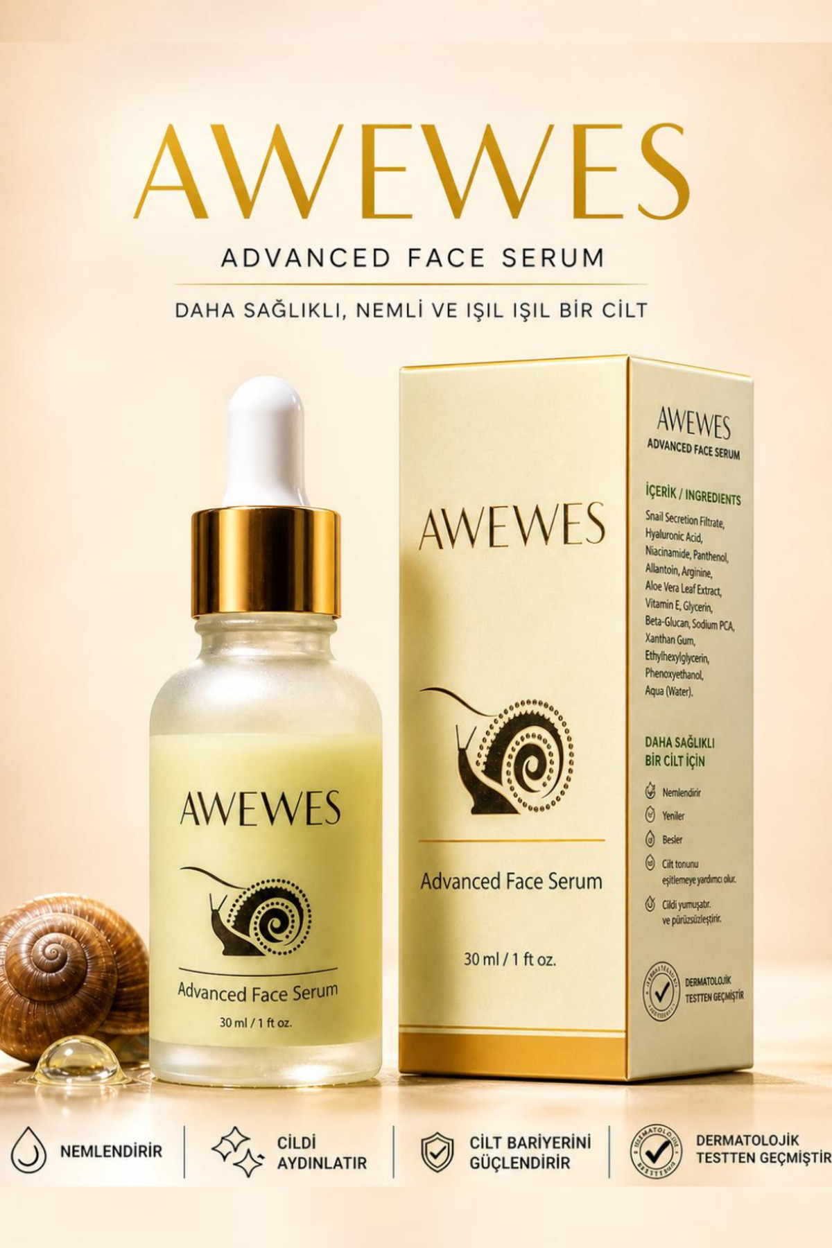 awewes Yaşlanma & Leke Karşıtı Ton Eşitleyici Salyangoz özlü- Niacinamide - Panthenol Yüz Serumu 30 ML