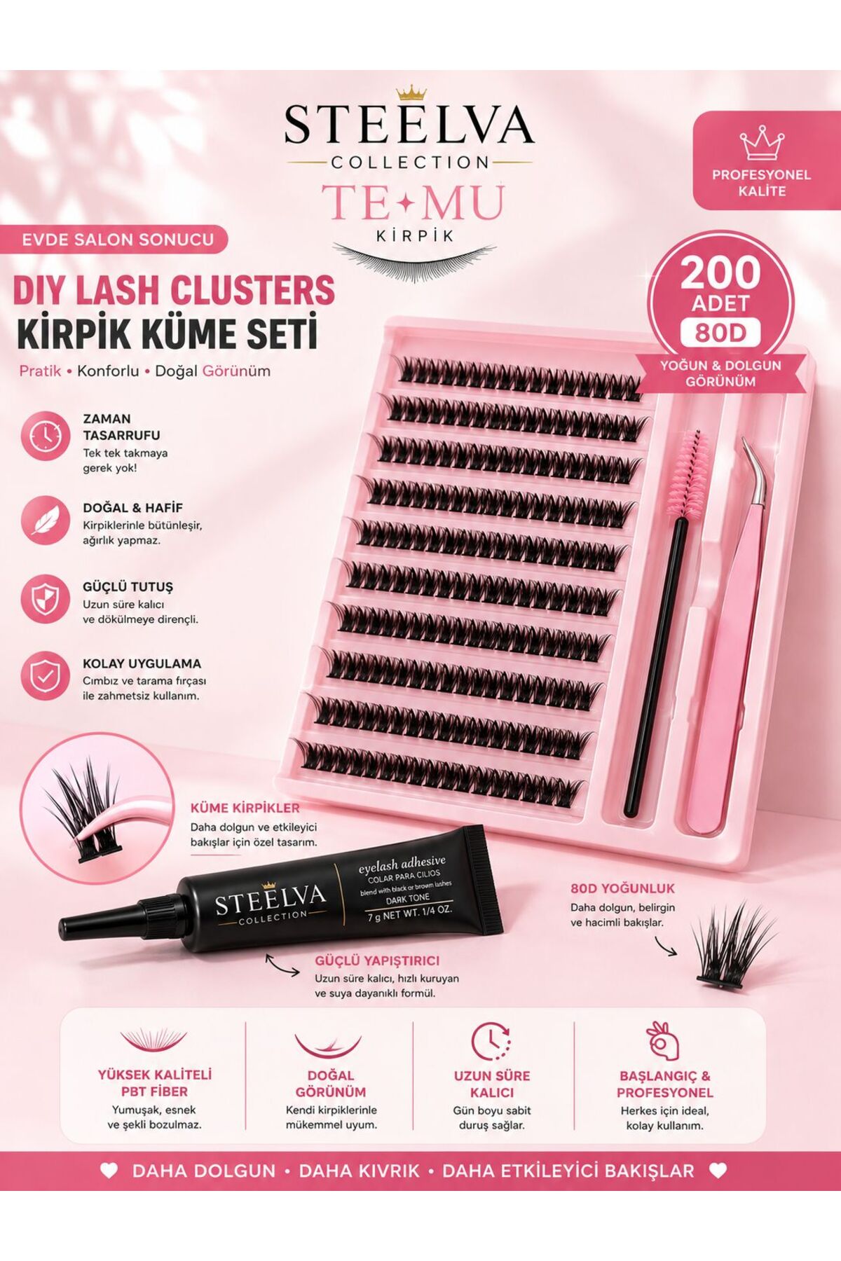 STEELVA Takma Kirpik Seti Yapıştırıcı Cımbız ve Tarak fırçasıyla 200 Adet 80D Temu Kirpik
