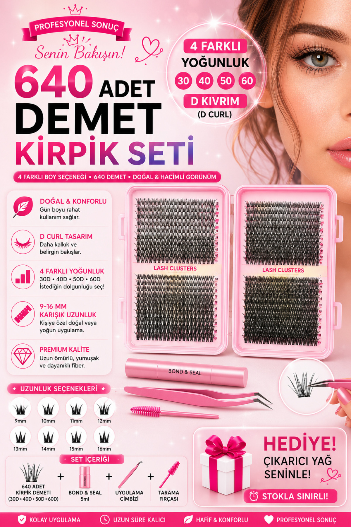 COS COSCELİA 640 Adet Demet Takma Kirpik Seti D Kıvrım 9-16 mm 20D 30D 40D 50D Doğal Hacimli Kirpik + Yapıştırıcı + Cımbız + Fırça