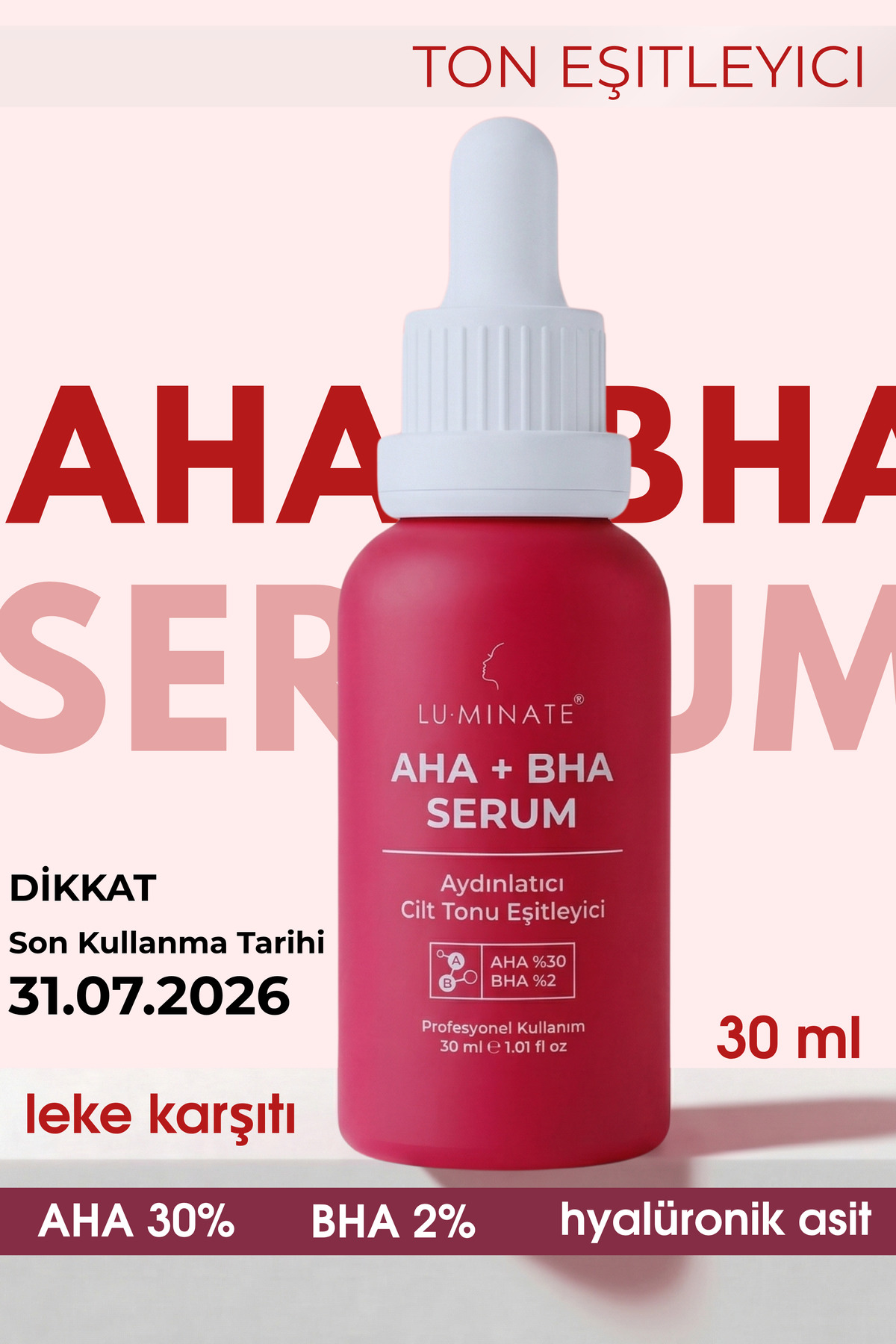Luminate AHA 30% + BHA 2% Serum Glikolik Salisilik Asit Leke Karşıtı Cilt Tonu Eşitleyici Kırmızı Peeling