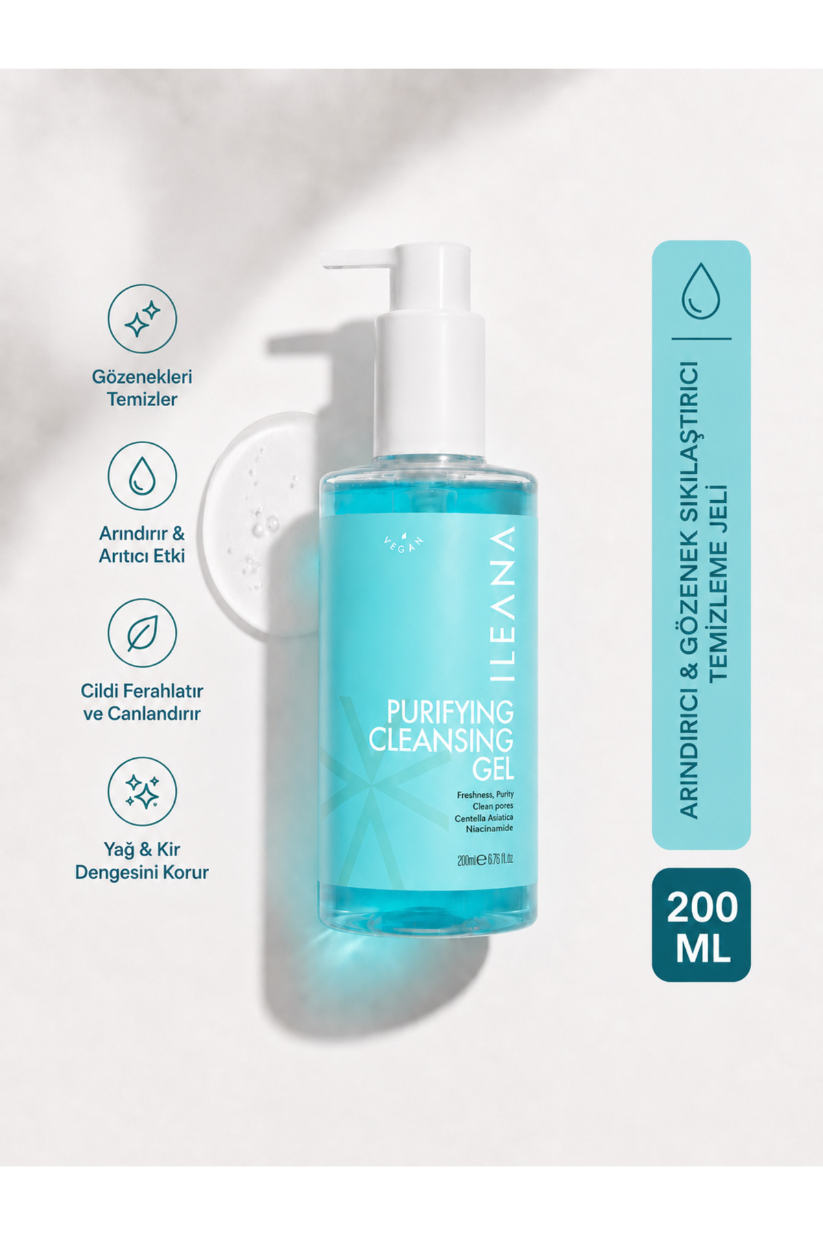 ILEANA Niacinamide & Hyalüronik Asit İçeren Nazik ve Nemlendirici Yüz Temizleme Jeli 200 ml