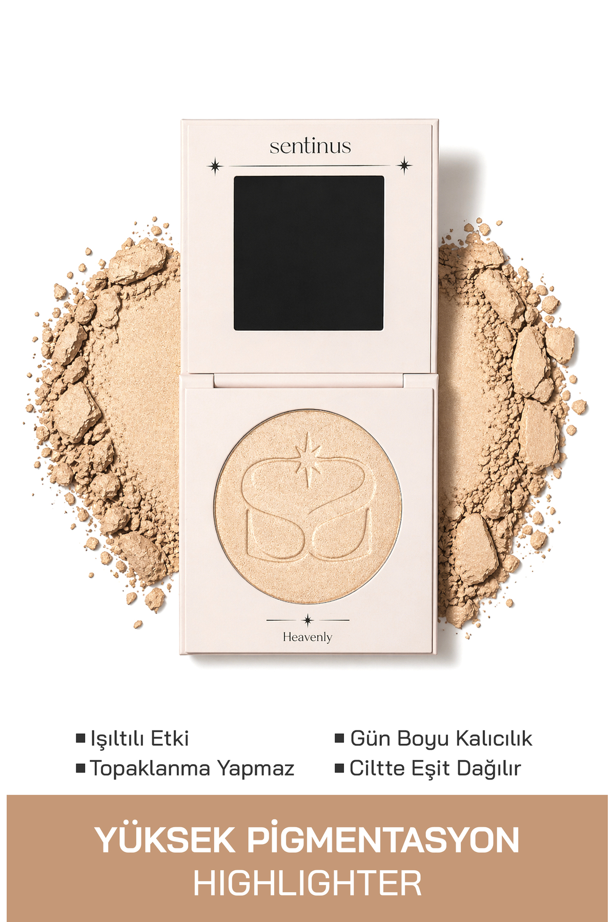 Sentinus Heavenly Highlighter | Şampanya Işıltılı Aydınlatıcı | Preslenmiş Pudra | Yüksek Pigment & Doğal Glow