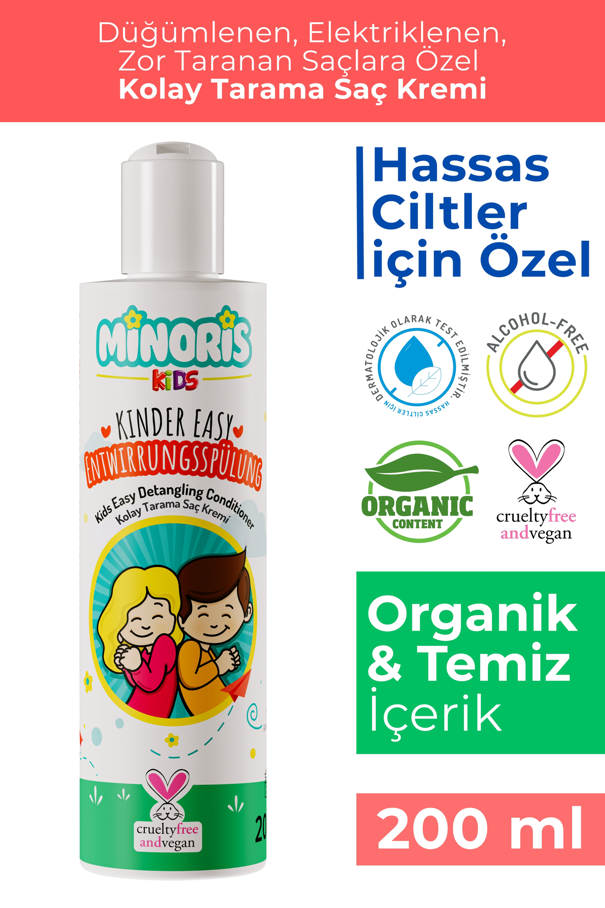 Minoris Kids Çocuklar Için Tamamen Doğal Kolay Tarama Saç Kremi 200 Ml