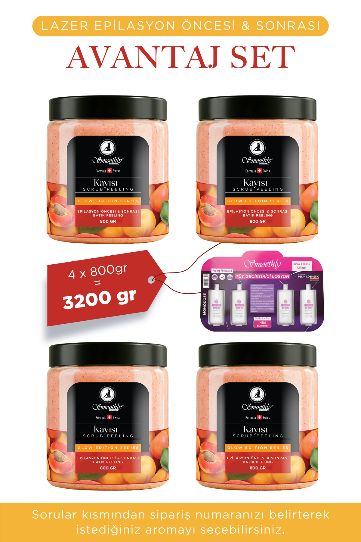 Smoothly Kayısı Peeling 3200 G. 800 G. X 4 Epilasyon Sonrası Vücut Peelingi Batık & Çilek Bacak Onarıcı