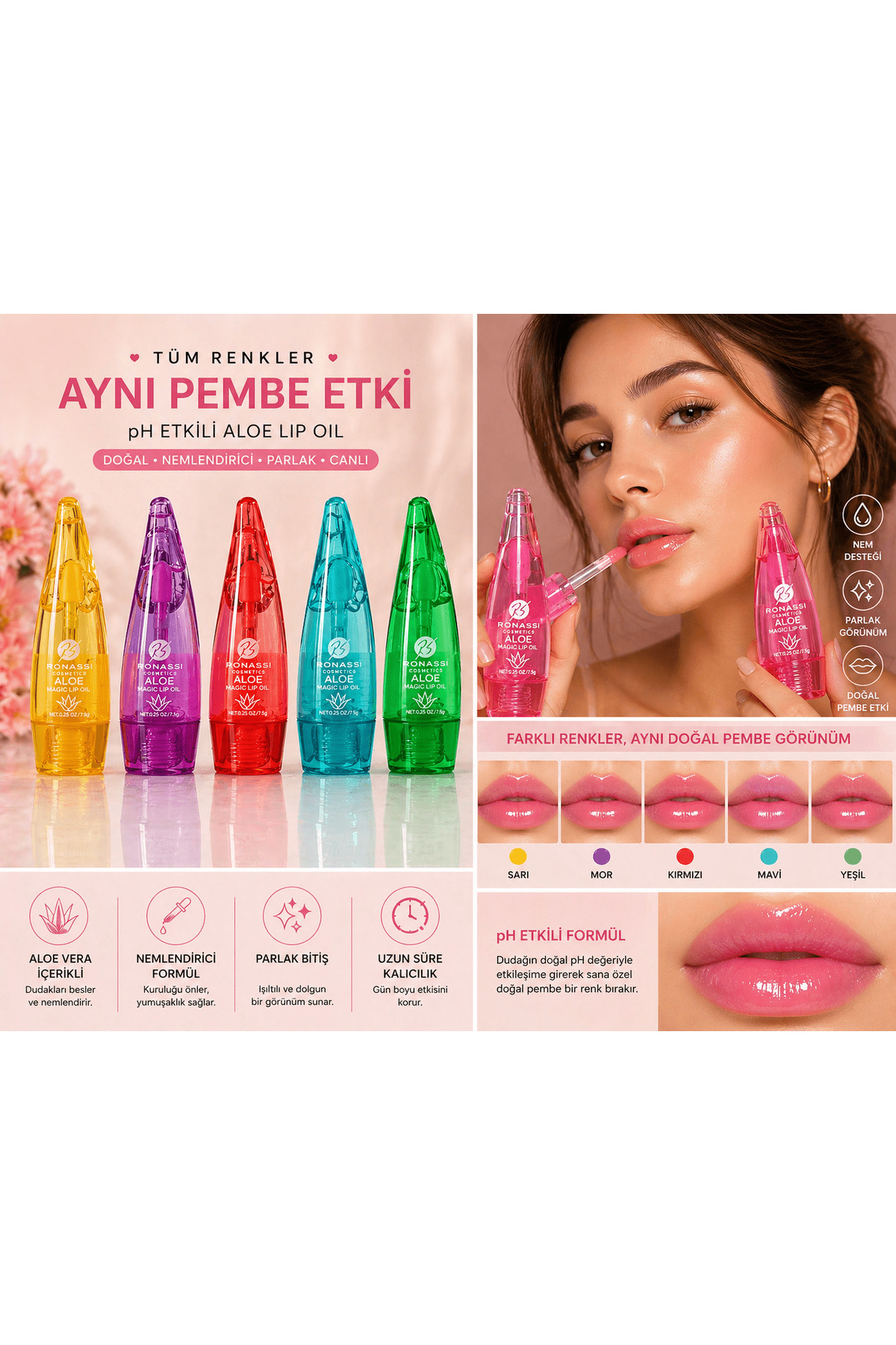 Seckinnn pH Etkili Aloe Vera Lip Oil – Renk Değiştiren Nemlendirici Parlak Dudak Yağı (Doğal Pembe Etki)