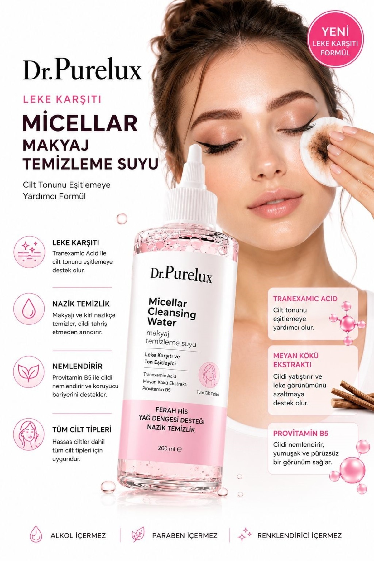 Dr.Purelux Leke Karşıtı ve Ton Eşitleyici Micellar Cleansing 200 ml | Traneksamik Asit,Niasinamid ve Meyan Kökü Makyaj Temizleme Suyu