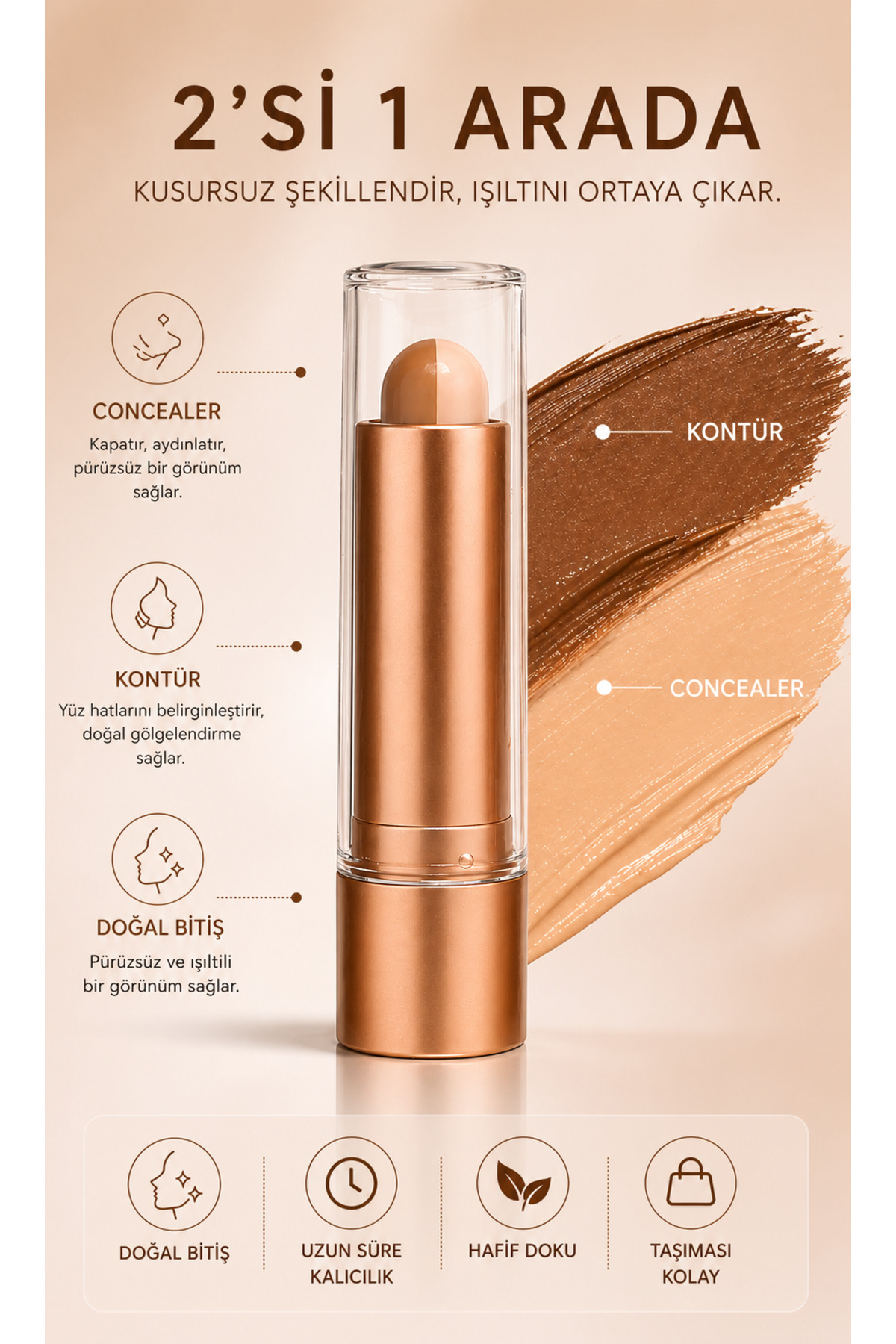 MAQYA KOZMETİK Kontür Concealer - Stick Contour -Yüz Hatlarını Belirginleştiren Kremsi Çift Etkili Kapatıcı ile Kontür Stick Ruj