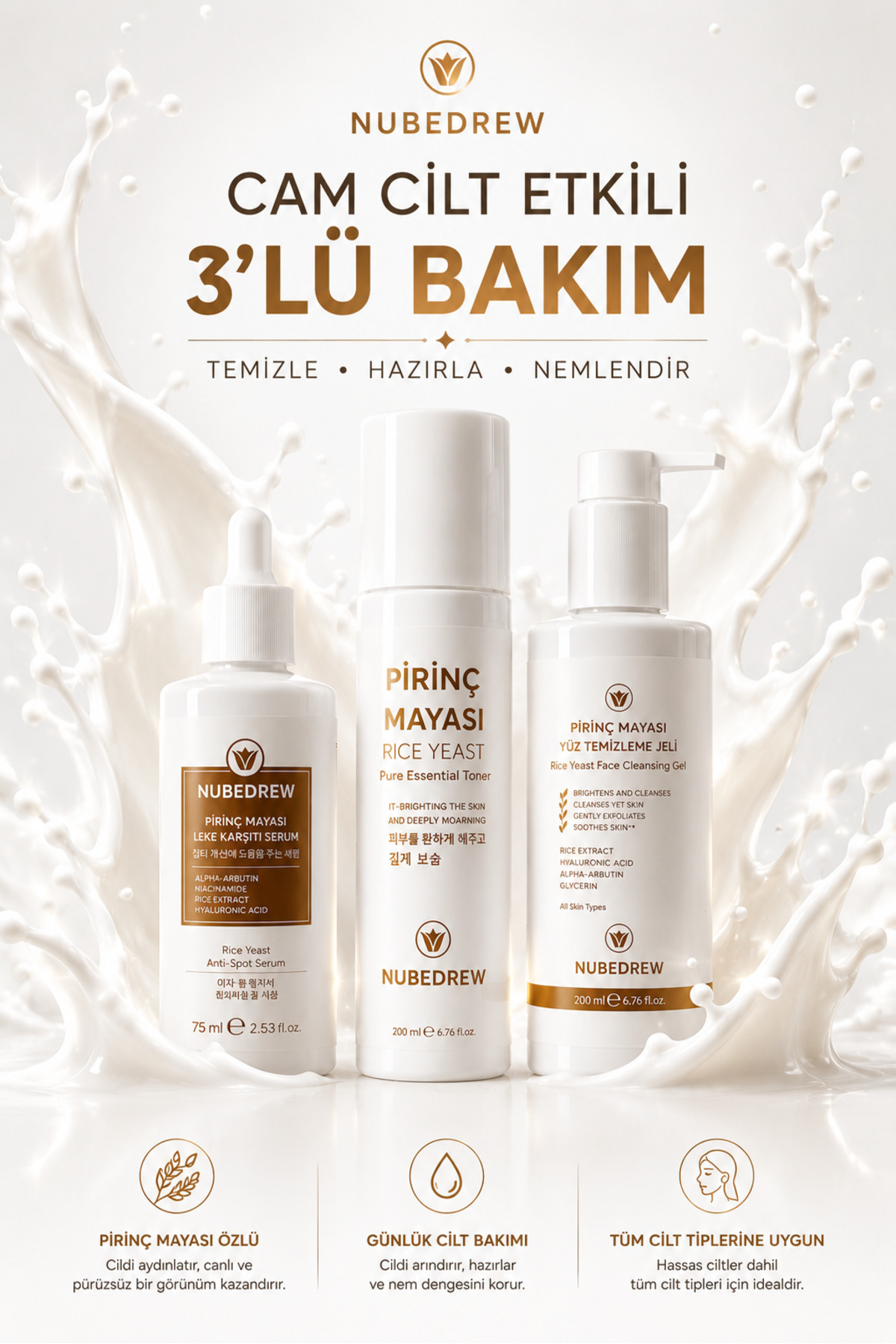 NUBEDREW Pirinç Mayası 3’lü Cilt Bakım Seti – Tonik + Leke Karşıtı Serum + Yüz Temizleme Jeli