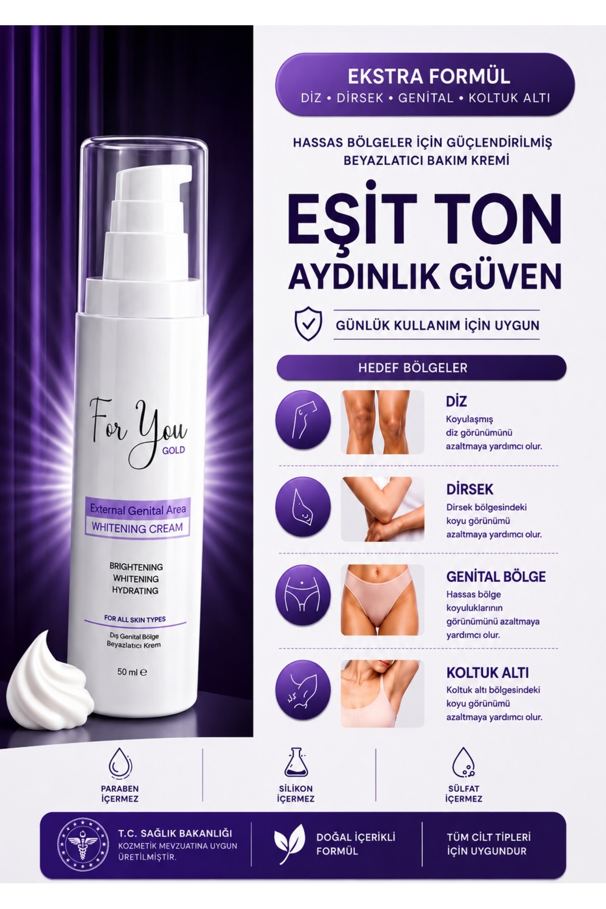 For You Gold Genital Bölge Kararma Karşıtı(Koltuk altı,Diz,Dirsek ve Dış Genital)Renk Eşitleyici-Beyazlatıcı Krem