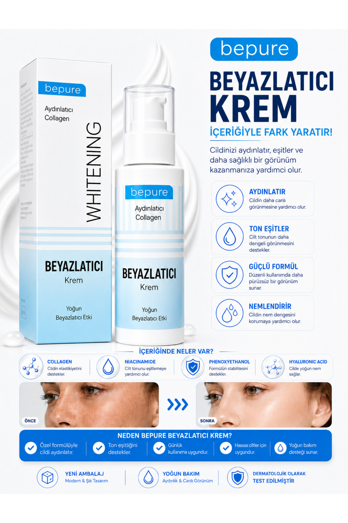 Bepure Beyazlatıcı Krem, Yüz, Vücut Ve Genital Bölge Için Leke Ve Kararma Giderici Krem, Whitening 100 ml