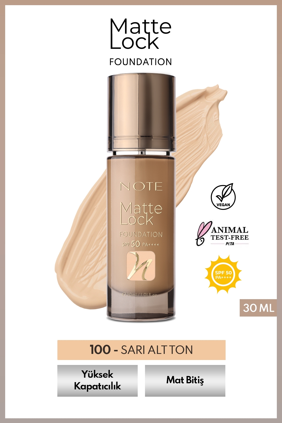 NOTE Matte Lock Foundation 100 Velvet Beige SPF 50 Yoğun Kapatıcı Mat Bitişli Fondöten