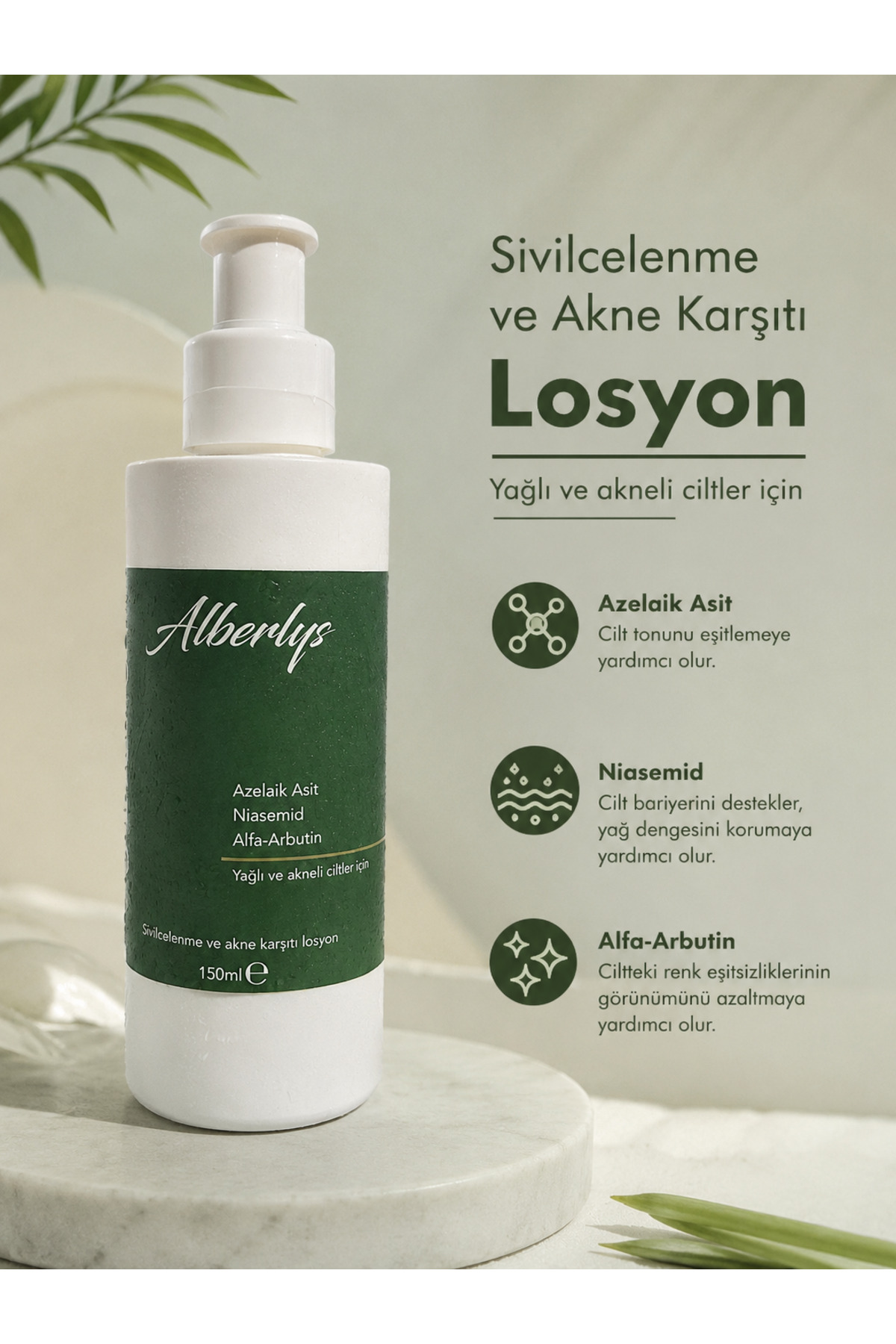 Alberlys Acneless Lotion Azelaik Asit Niasinamid Alfa-Arbutin İçeren Losyon 150 ml