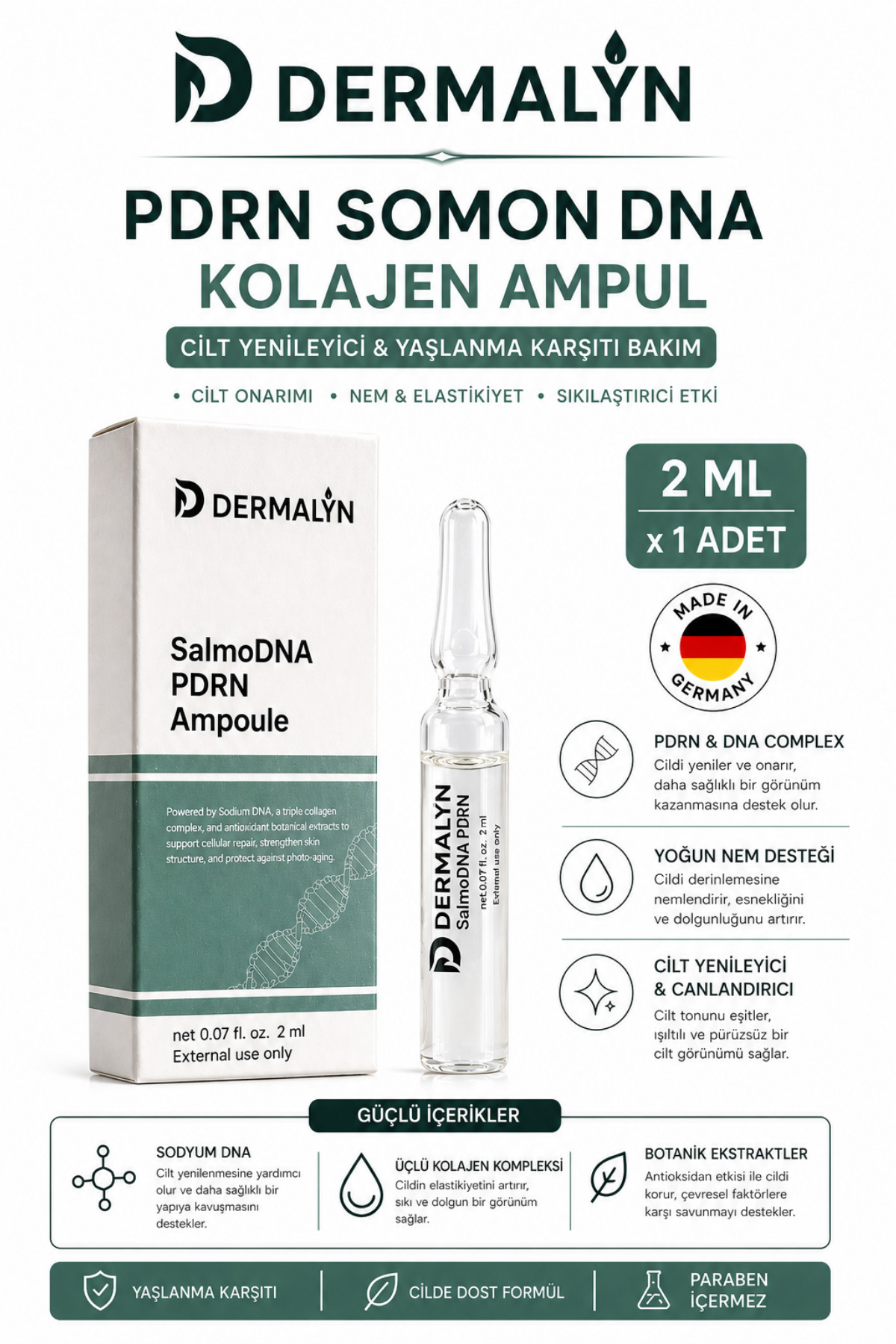 DERMALYN 1 Adet PDRN Somon DNA Kolajen İçeren Cildi Gençleştirmeye Yardımcı Ampul Serum Dermaroller Dermapen