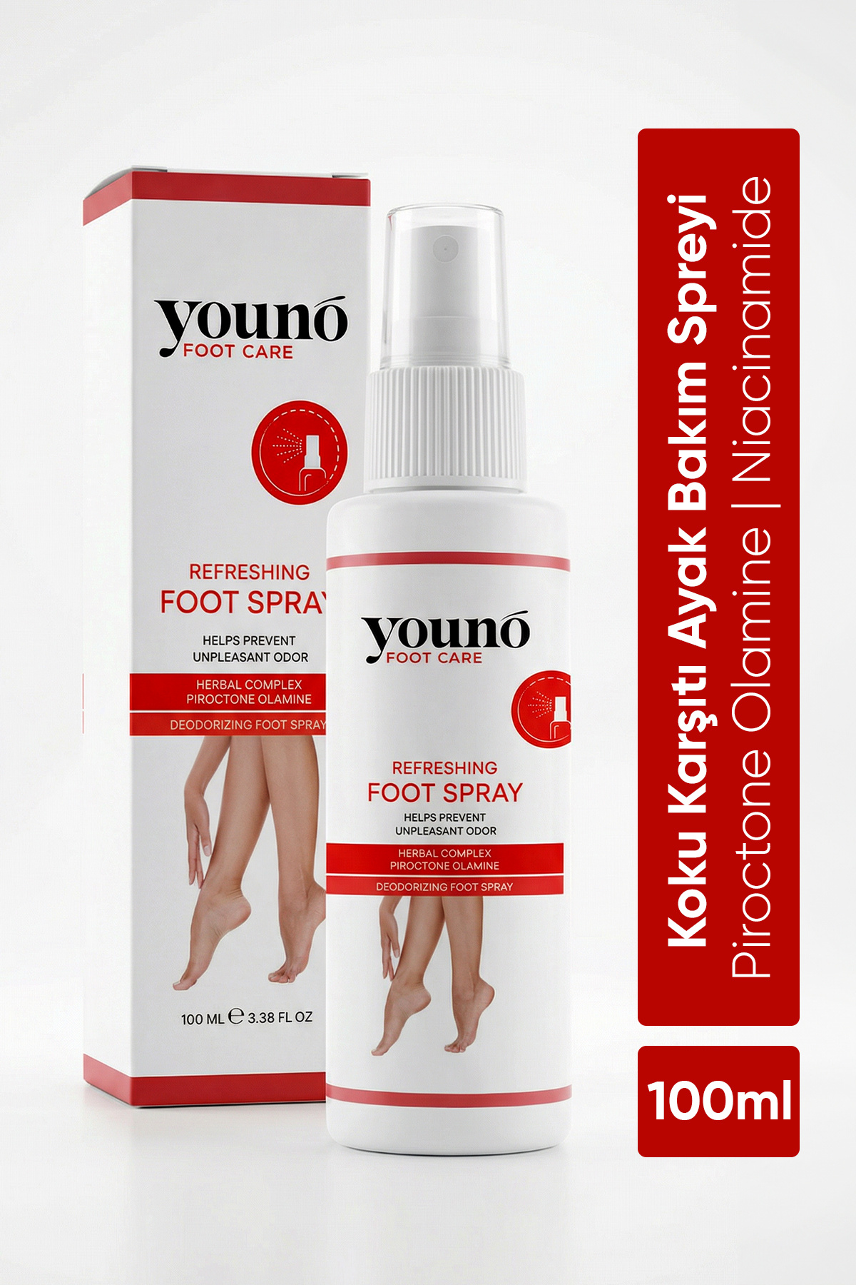 YOUNO CARE Koku Karşıtı Ayak Bakım Spreyi 100 ml | Piroctone Olamine | Niacinamide | 5 Bitkisel Özlü