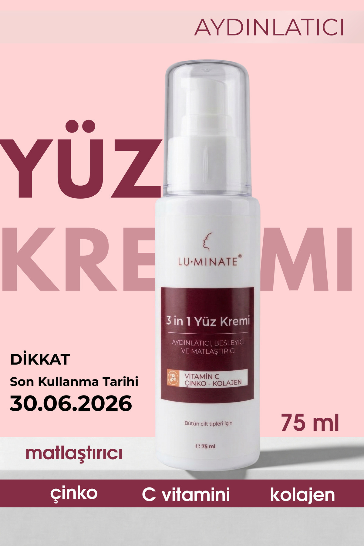 Luminate Yüz Kremi C Vitamin Çinko Kolajen Su Bazlı Nemlendirici Tonu Eşitleyici Beyazlatıcı Yaşlanma Karşıtı