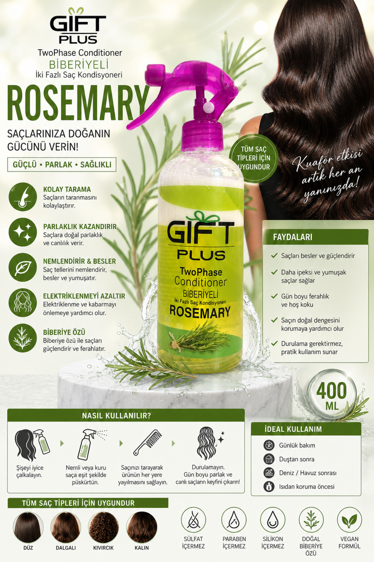 gift plus Biberiye Içerikli Fön Suyu 400 ml