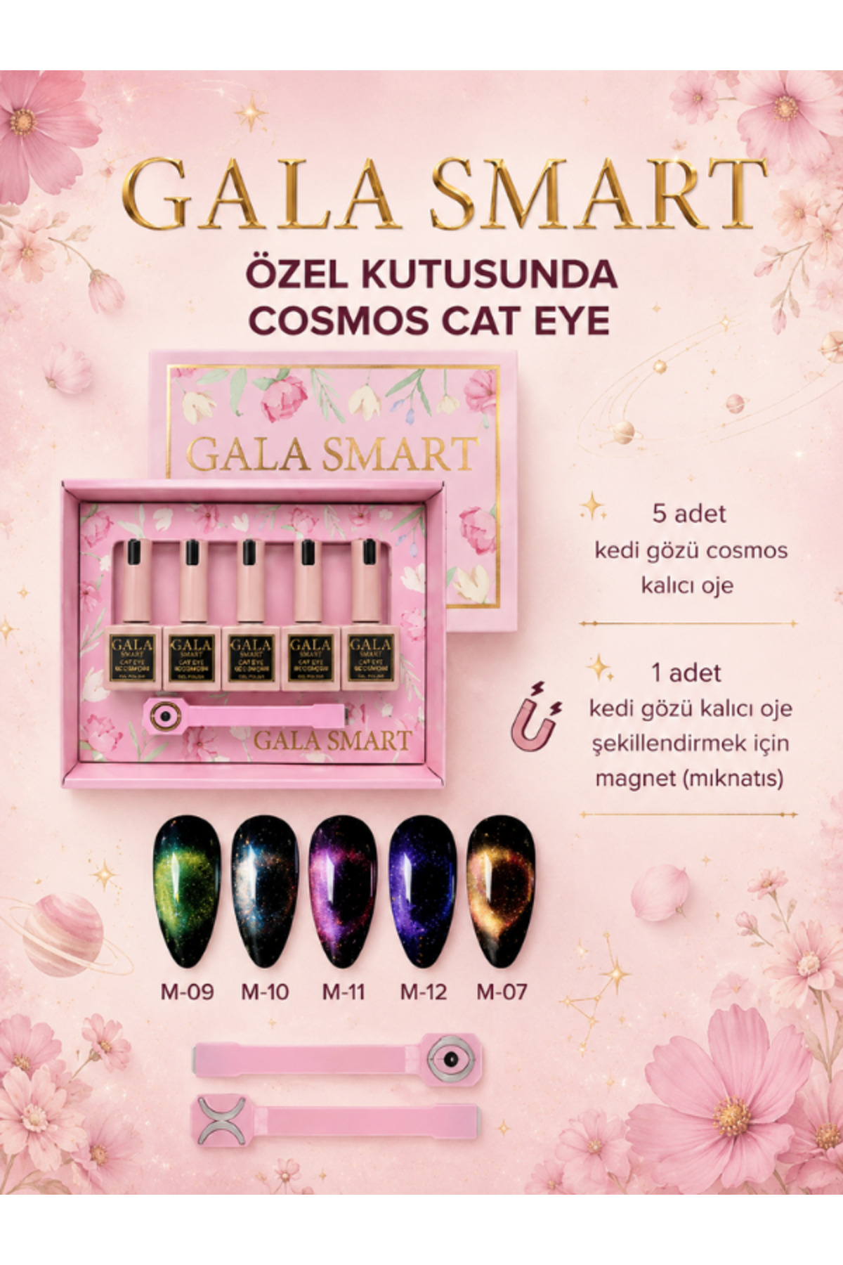 gala smart Cosmos Cat Eye Kalıcı Oje Seti 5'li Özel Kutusunda Kedi Gözü Gel Polish + Mıknatıs
