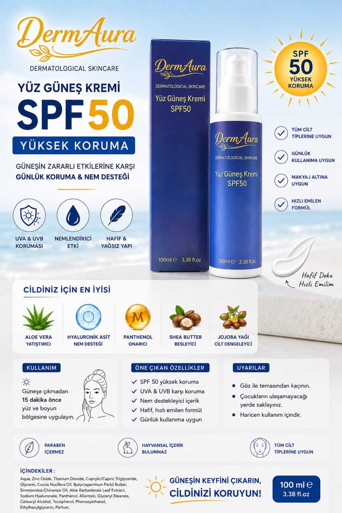 DermAura SPF 50+ Yüz Güneş Kremi Nemlendirici Etkili 50ml