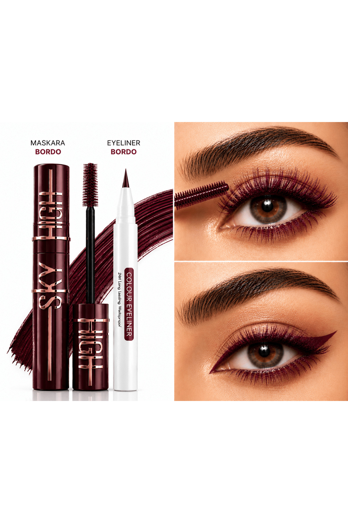 Seckinnn Bordo Maskara & Bordo Eyeliner Seti – Yoğun Renkli Waterproof Göz Makyajı Seti