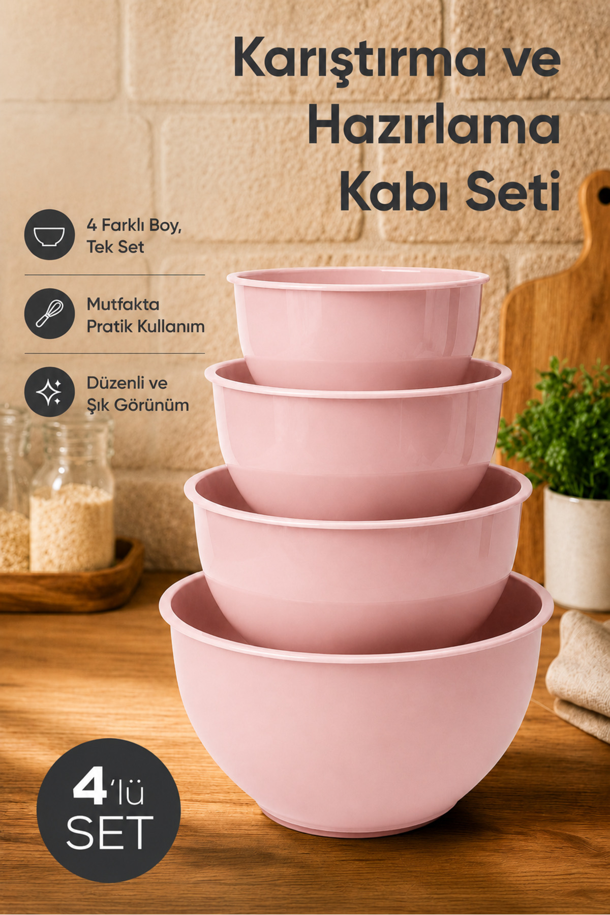 Vienev 4'lü Karıştırma Ve Hazırlama Kabı Seti - Pudra Pembe - 1L 1.5L 2.3L 3.3L