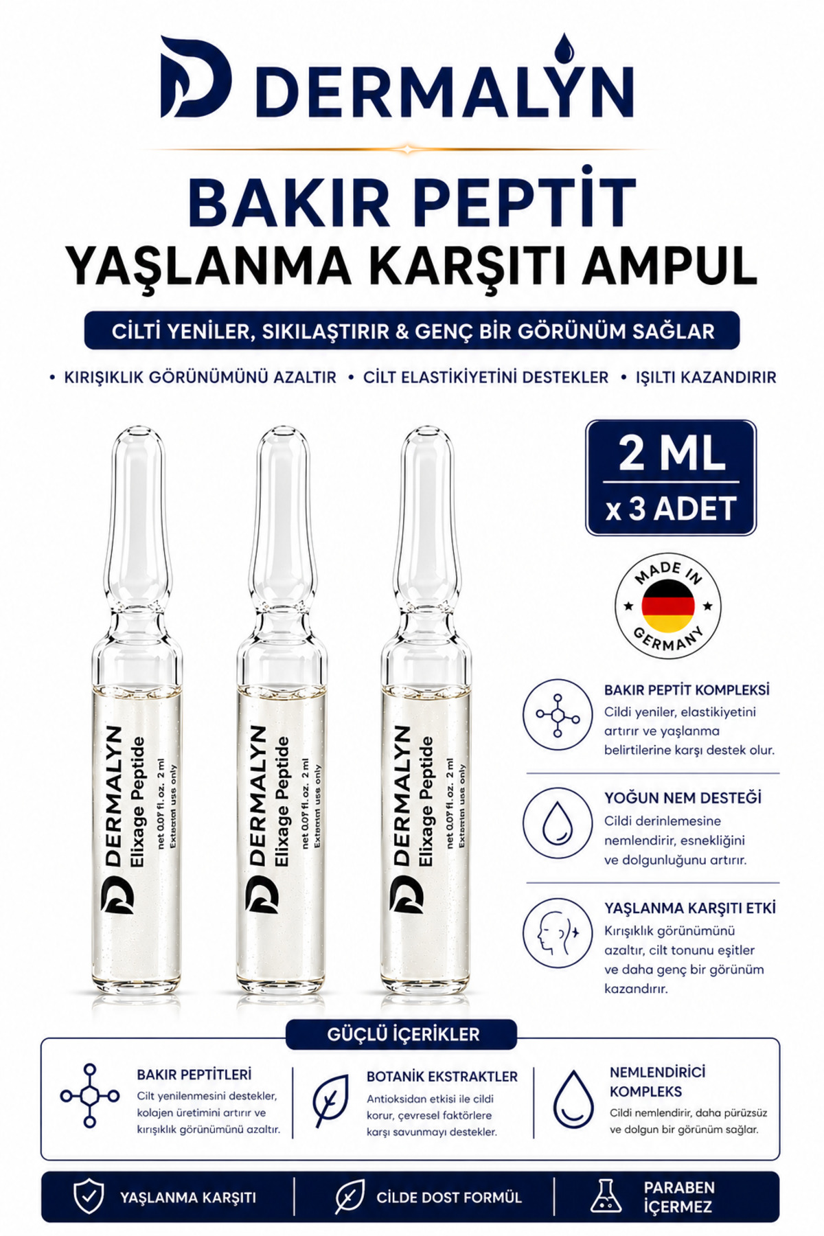 DERMALYN 3 Adet Bakır Peptit Yaşlanma Karşıtı Sıkılaştırıcı Kolajen Destekleyici Ampul Serum Dermaroller