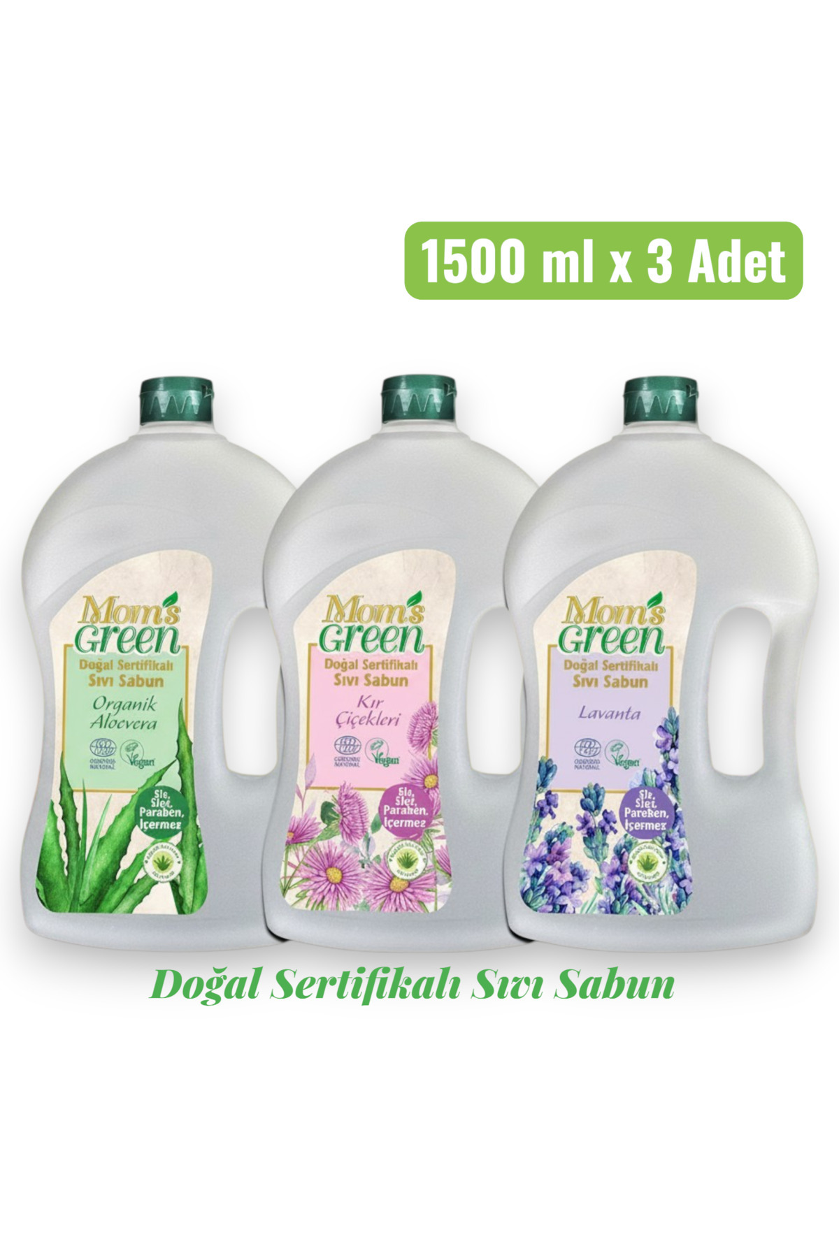 Mom's Green Doğal Sertifikalı Sıvı Sabun Seti (Lavanta-Kır Çiçekleri-Aloevera) 3 Adet x 1500 ml Ecocosmos