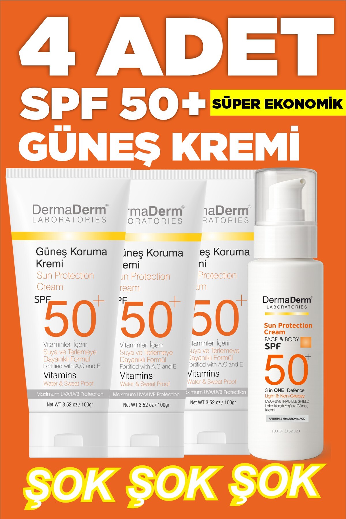 DermaDerm Leke Karşıtı Güneş Kremi SPF 50+ 100 ml (1 Adet) + Güneş Kremi 100 ml (3 Adet) Set