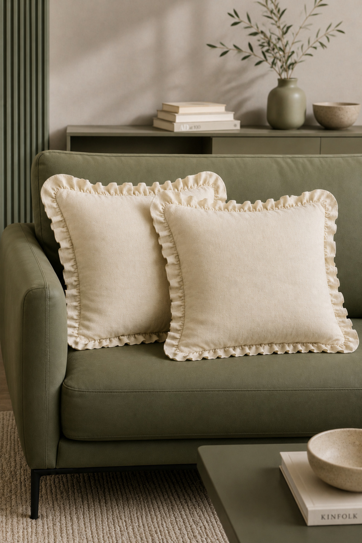 YUNUSOĞLU HOME 2'li Fırfırlı Düz Krem Dekoratif Kırlent Kılıfı %100 Pamuk Fermuarlı 45x45 cm
