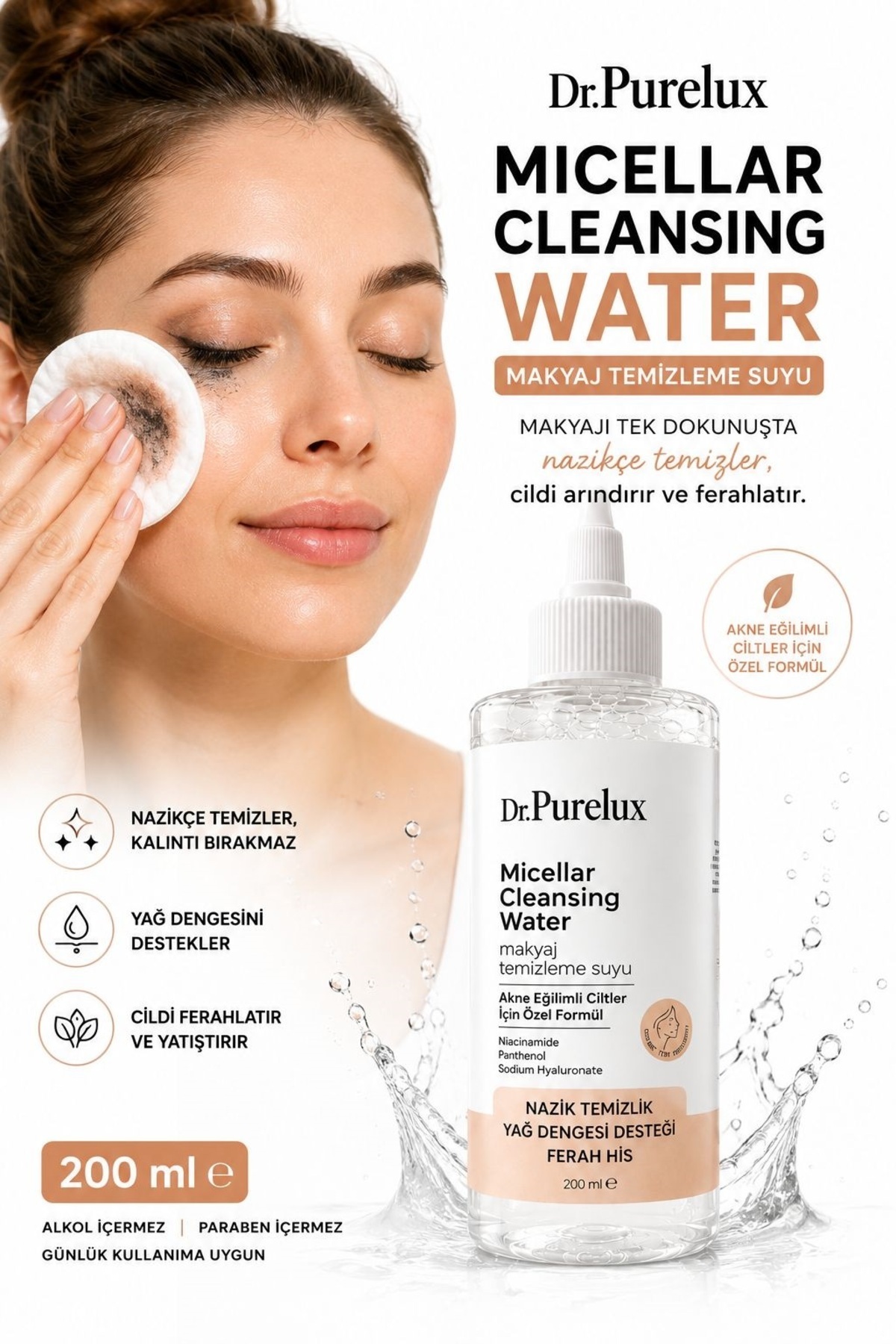 Dr.Purelux Yağlı ve Akne Eğilimli Ciltler İçin Makyaj Temizleme Suyu 200 ML | Niasinamid & Zinc PCA İçeren Micellar Water