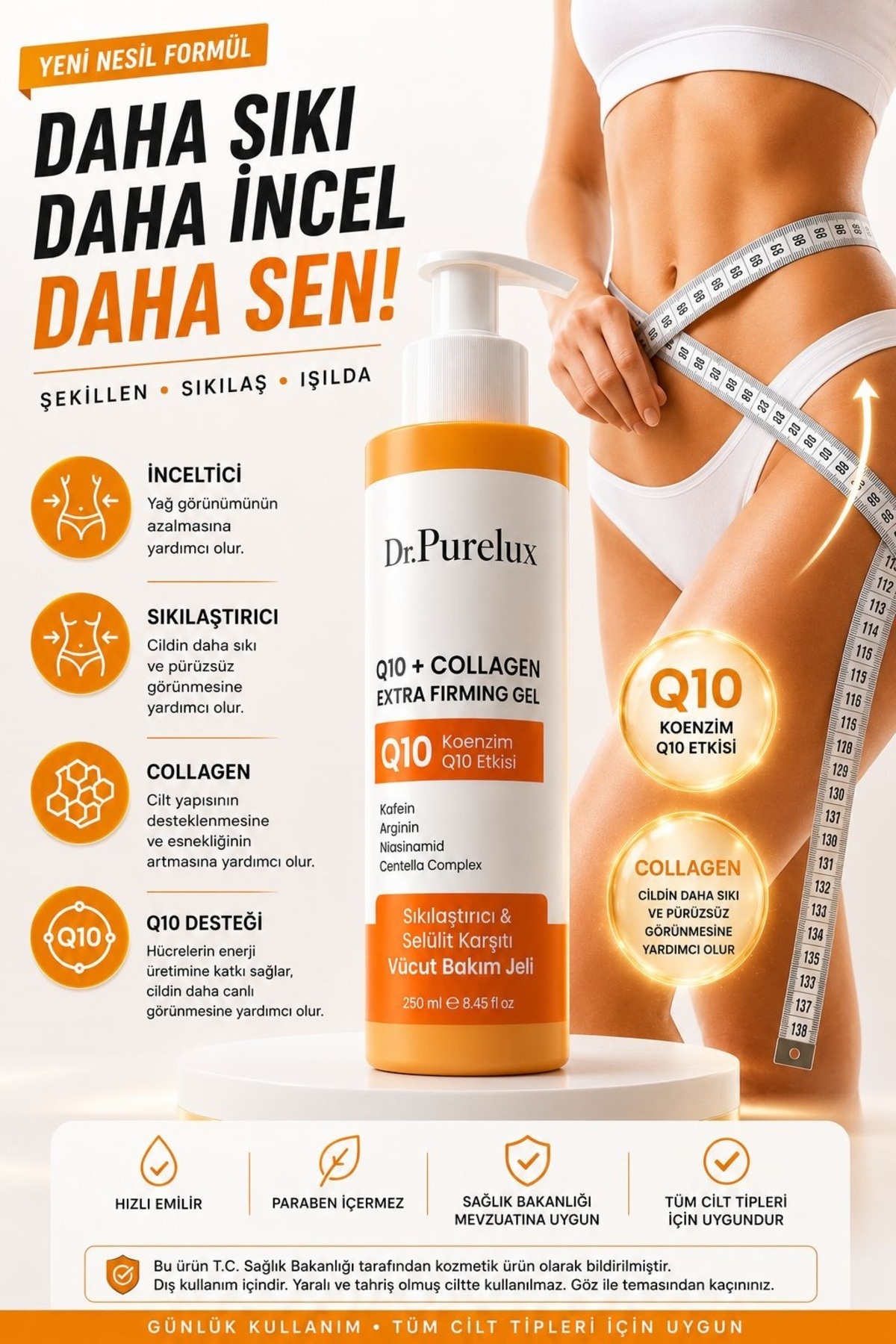 Dr.Purelux Q10 Coenzyme + Collagen İçeren , Sıkılaştırıcı, İnceltmeye Yardımcı, Toparlayıcı ve Canlandırıcı Selülit Jeli