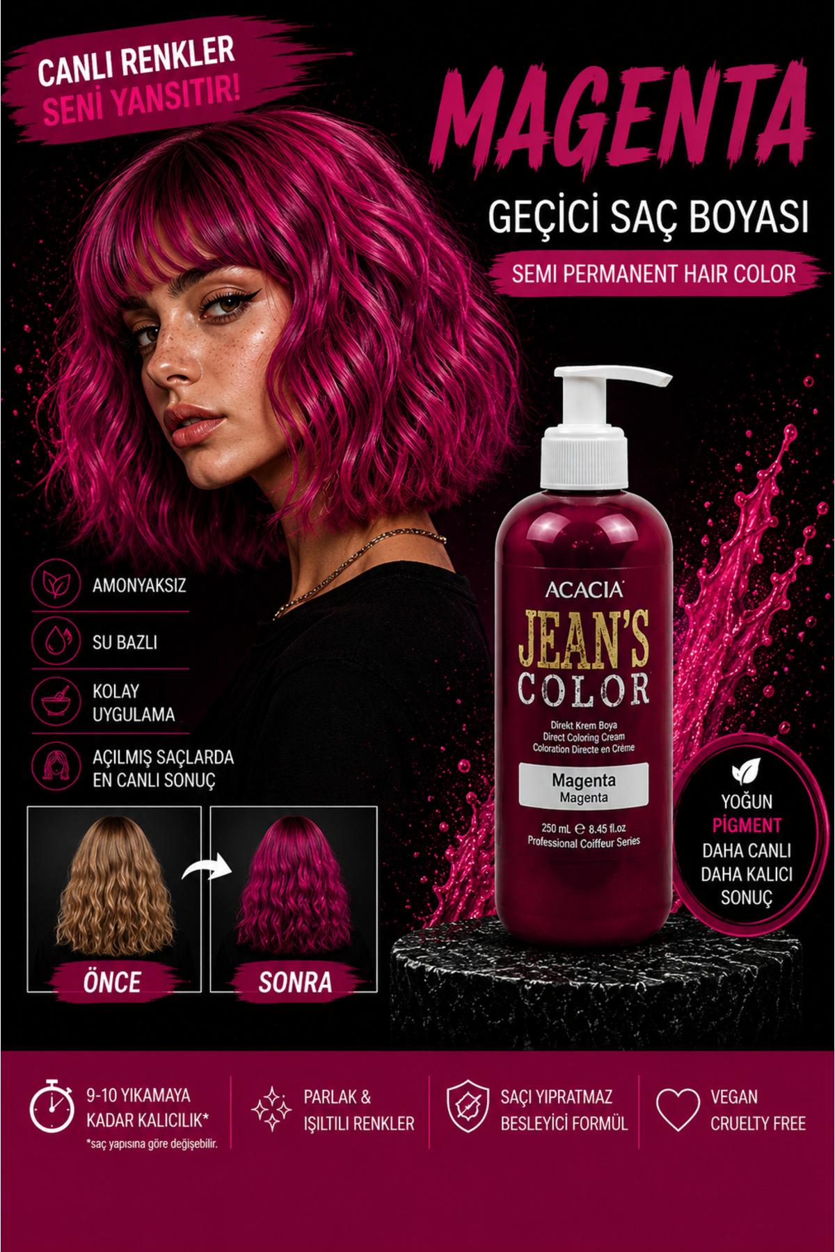 jeans color Amonyaksız Renkli Saç Boyası Magenta 250 Ml.kokusuz Su Bazlı Macenta Hair Dye