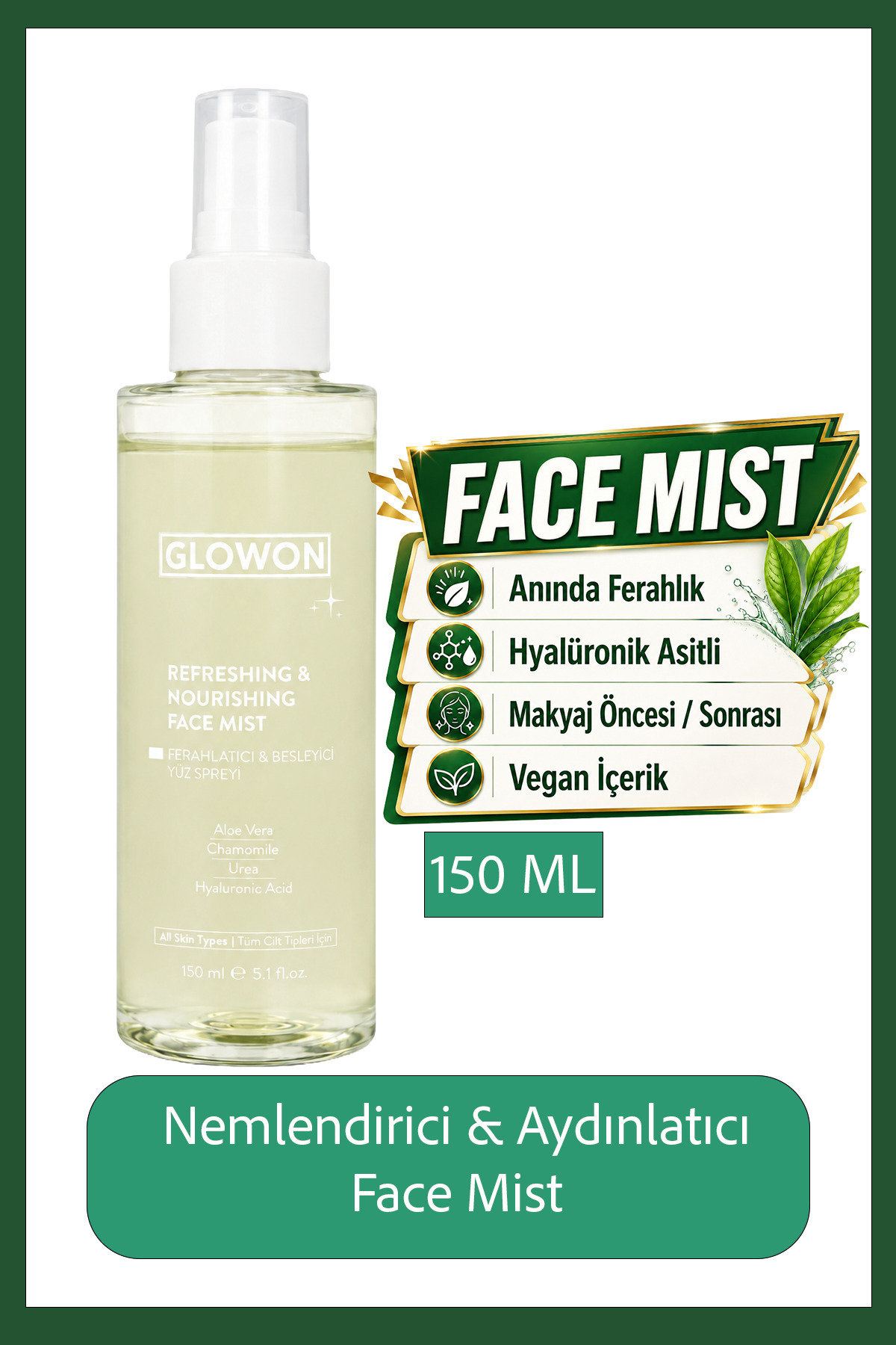 GLOWON Vegan İçerikli Nemlendirici Makyaj Sabitleyici Yüz Spreyi 150 ml