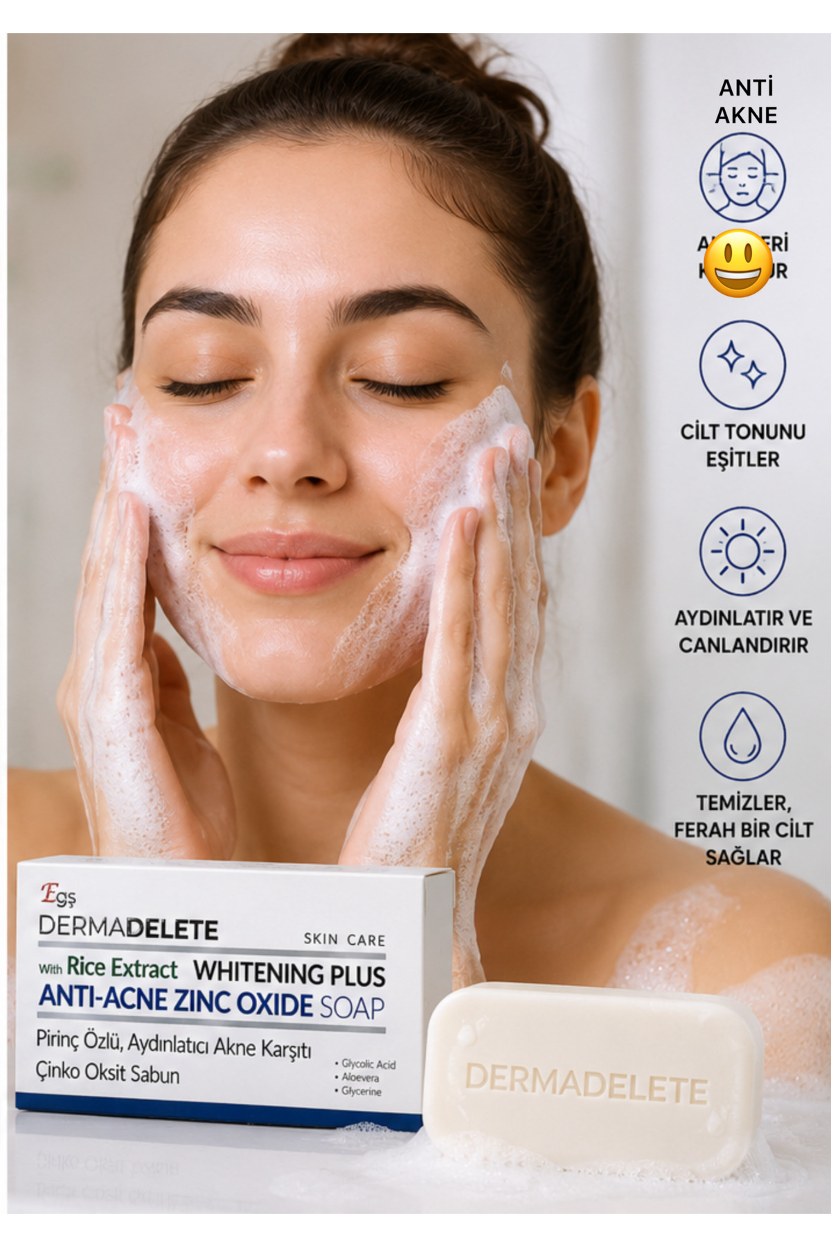 Egş DERMA delete PİRİNÇ ÖZLÜ ANTİ ACNE ÇİNKO OKSİT SABUN aydınlatıcı akne karşıtı ton dengeleyici