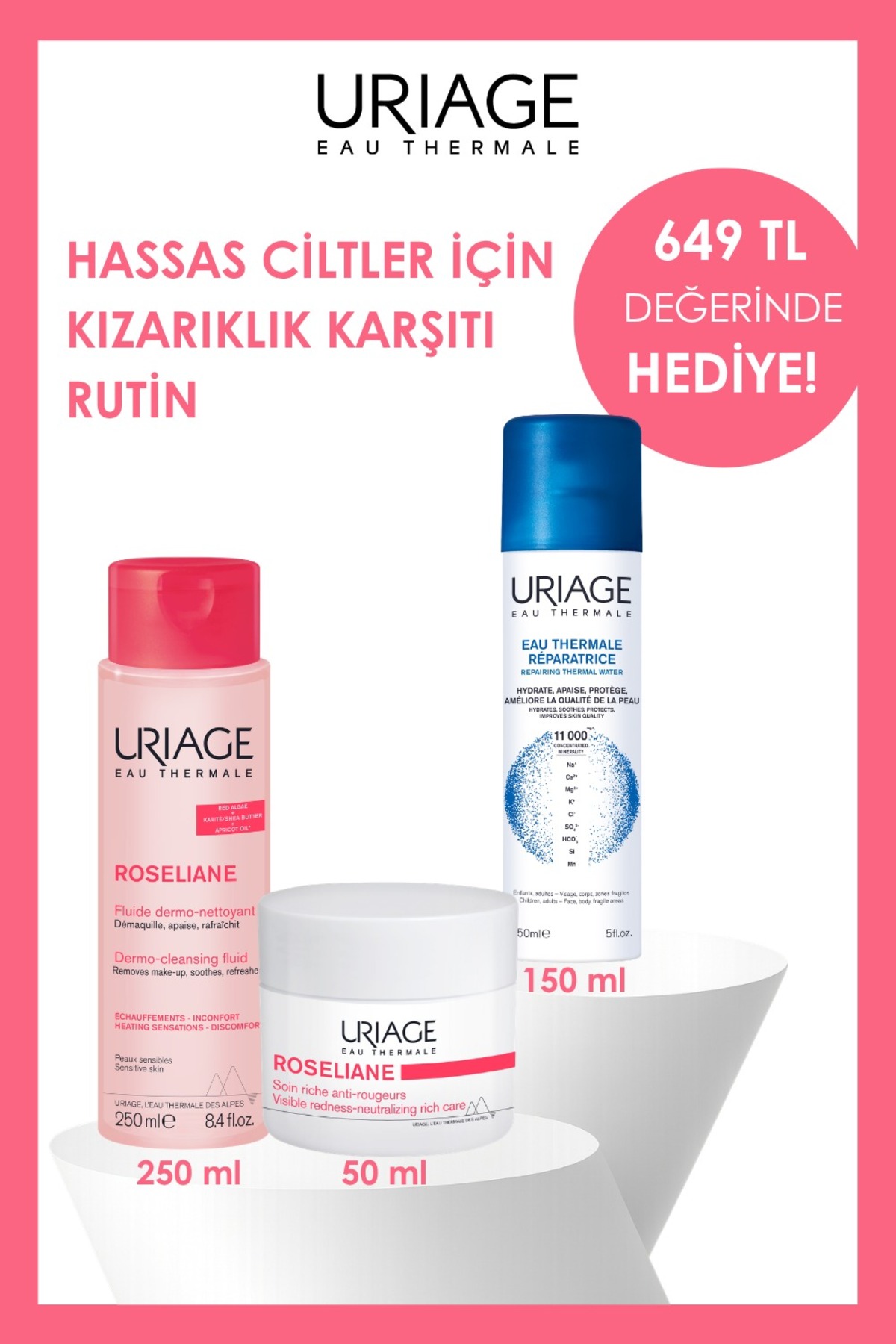 Uriage Hassas Ciltler İçin Temizleyici Fluid 250 ml + Nemlendirici Krem 50 ml + 150 ml Termal Su Hediye