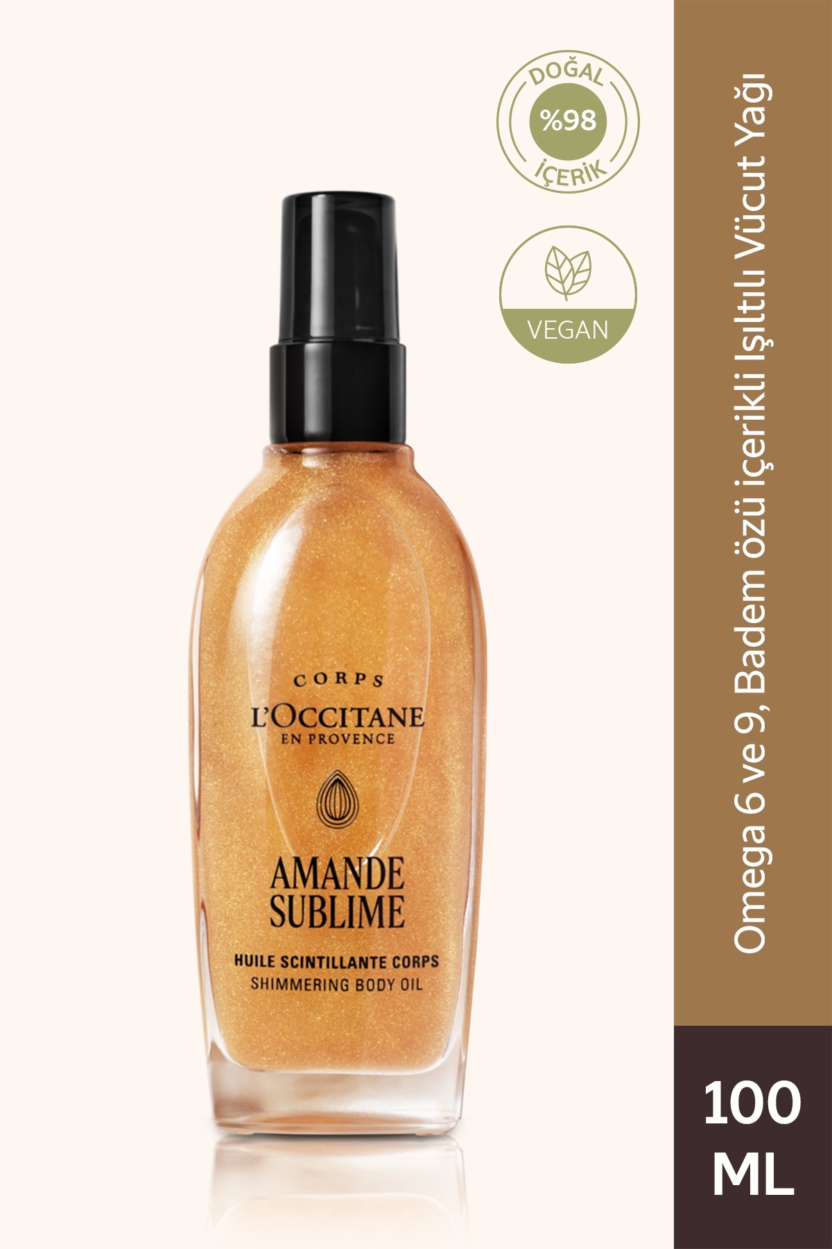 L'Occitane Badem Işıltılı Vücut Bakım Yağı, Altın Rengi Işıltı, Tatlı Badem Yağı İçeren Besleyici ve Nemlendirici, 100 ml