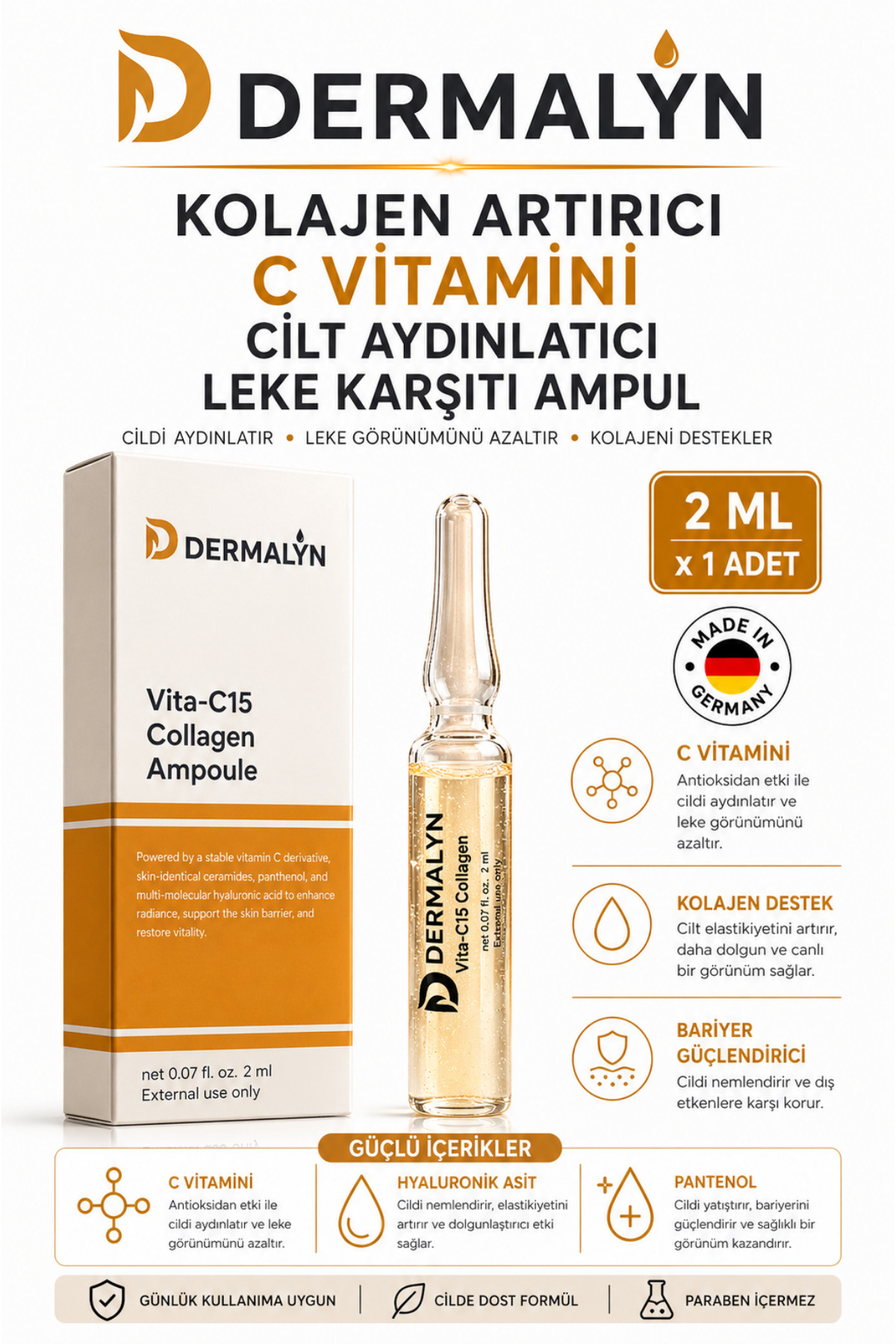 DERMALYN 1 Adet Kolajen Artırıcı C Vitamini Cilt Aydınlatıcı Leke Karşıtı Ampul Serum Dermaroller Dermapen