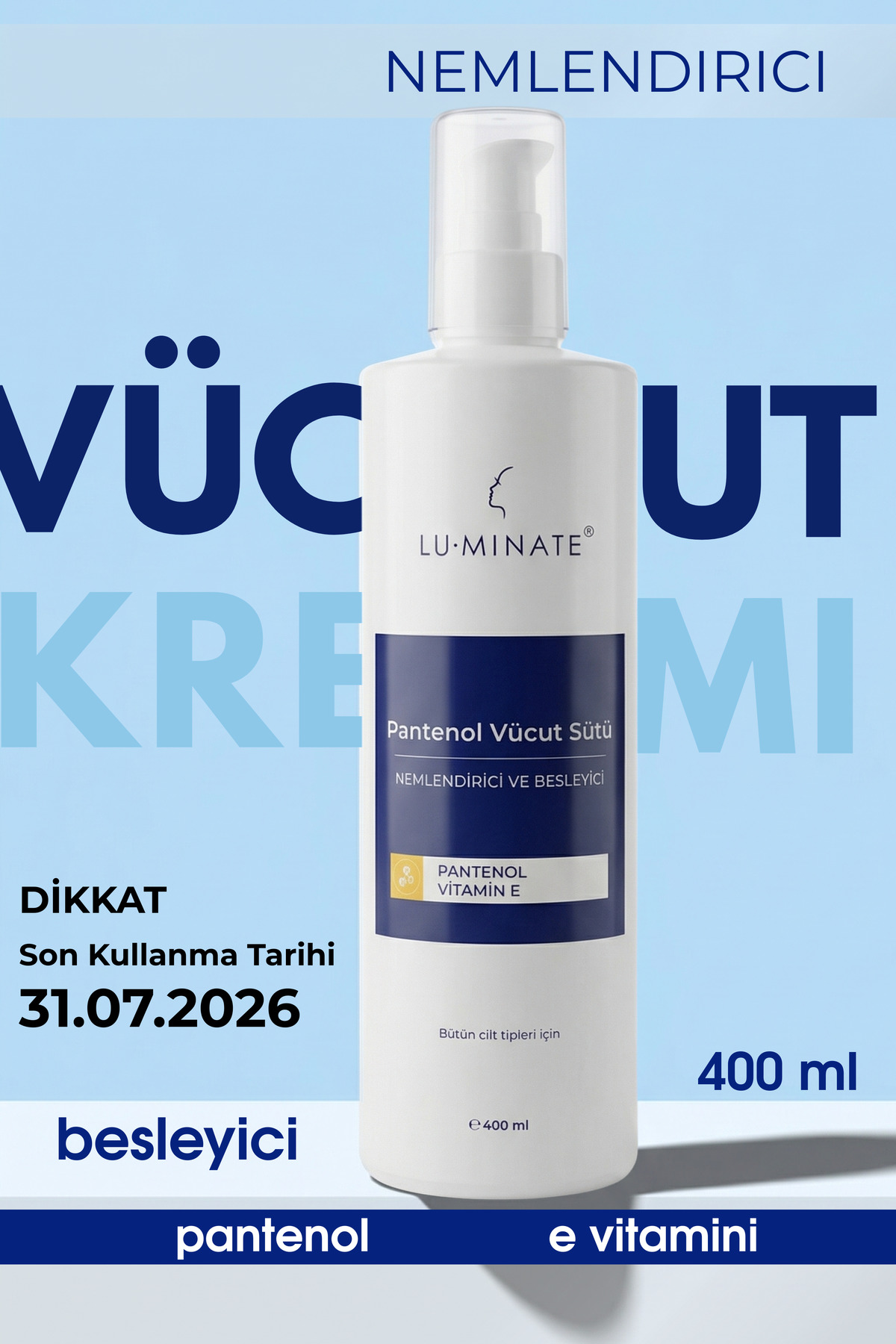Luminate Vücut Losyon Pantenol E Vitamini Kuru Karma Ciltler Için Su Bazlı Panthenol Vücut Sütü