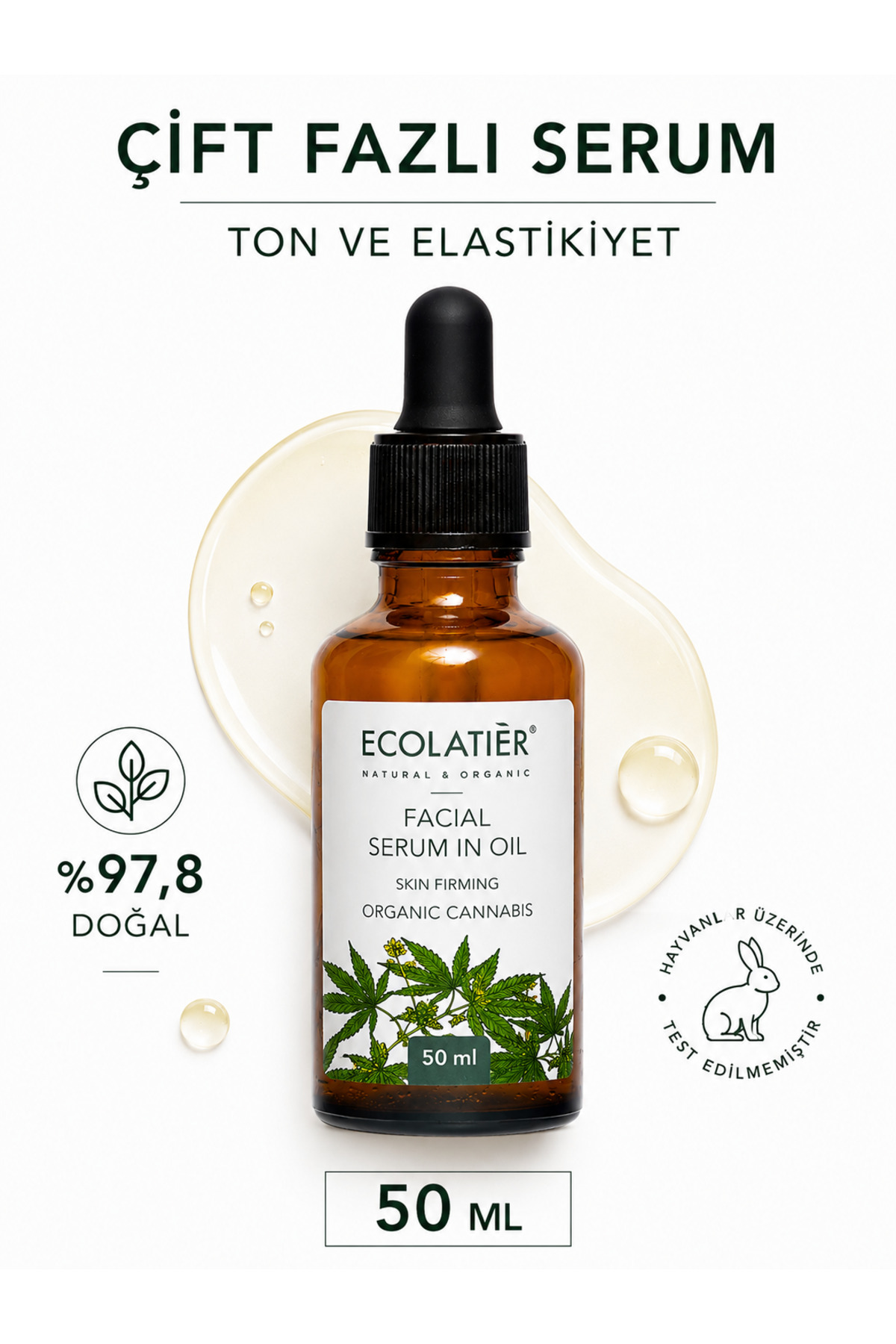 ECOLATIER Çift Fazlı Cilt Serumu 50 ml Organik Kenevir Yüz Nemlendirici ve Sıkılaştırıcı 50 ml