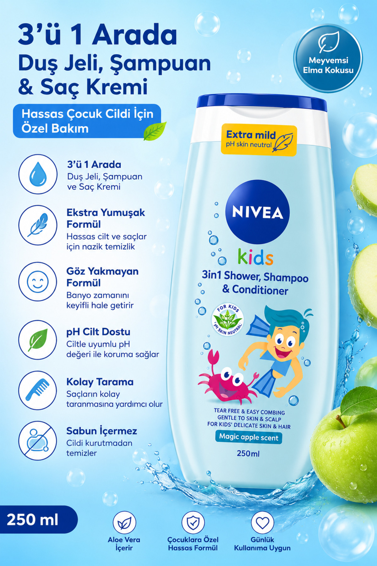 NIVEA Alman Kalitesi Çocuklar İçin Göz Yakmayan Ekstra Yumuşatıcı Şampuan Ve Duş Jeli 250 mi