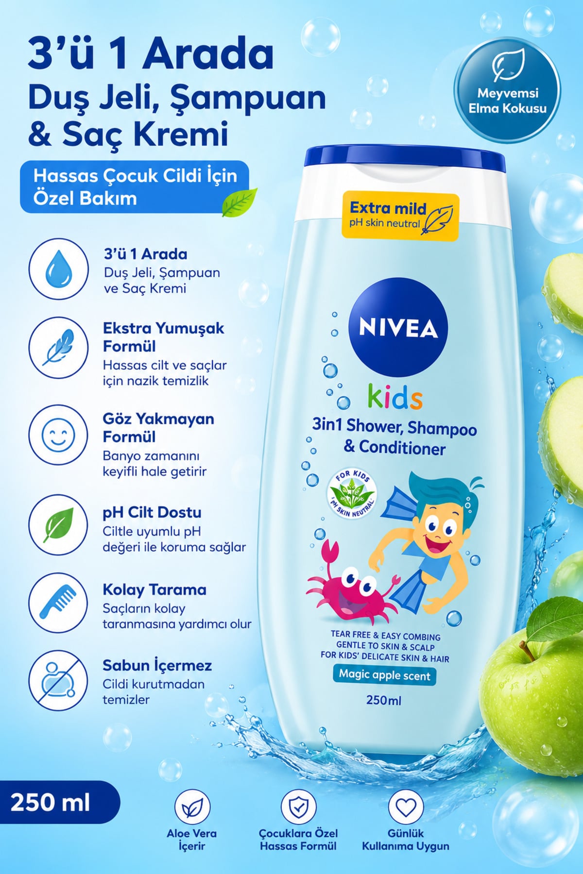 NIVEA Alman Kalitesi Çocuklar İçin Göz Yakmayan Ekstra Yumuşatıcı Şampuan Ve Duş Jeli 250 mi