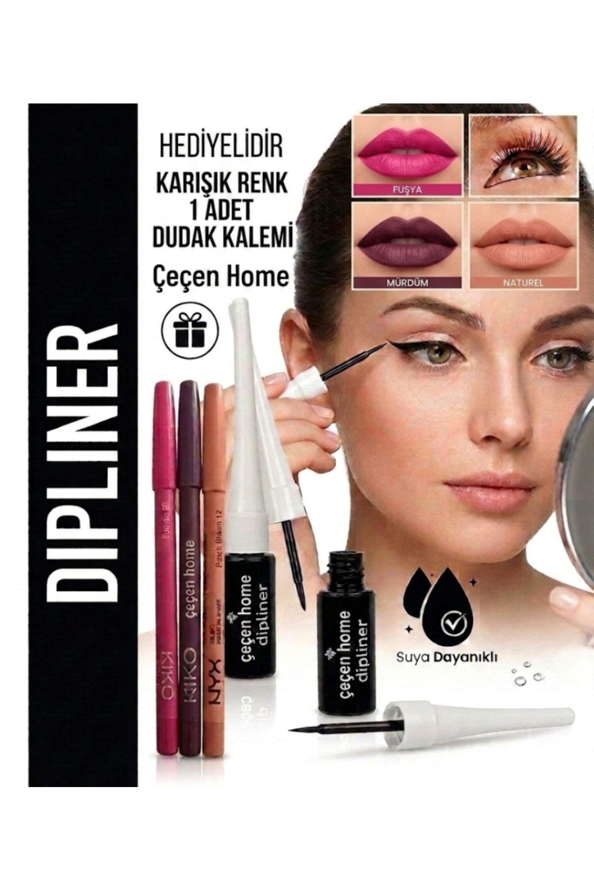 ÇEÇEN HOME (1 Adet) Suya Dayanıklı Siyah Dipliner + 1 Adet Karışık Renk Dudak Kalemi Hediyelidir, Waterproof Dipliner ,Siyah Eyeliner