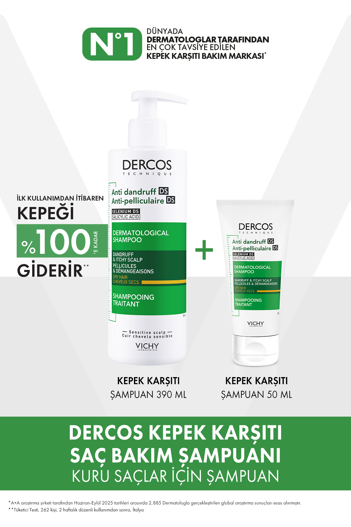 Vichy Dercos Şampuan Seti: Kepek Karşıtı Kuru Saçlar İçin Şampuan 390 ml & 50 ml Şampuan