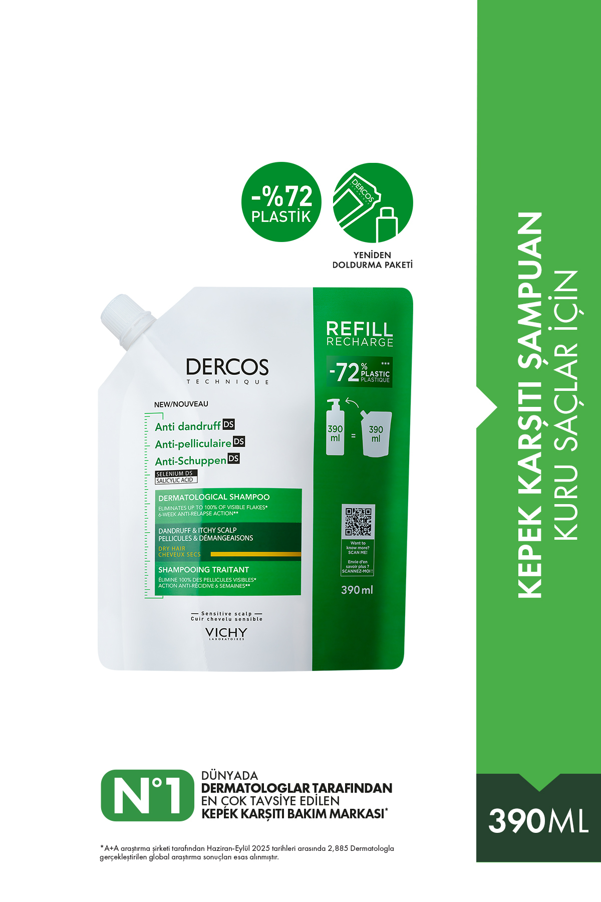 Vichy Dercos Kepek Karşıtı Kuru Saçlar İçin Şampuan Refill Yeniden Doldurulabilir Paket 390ml