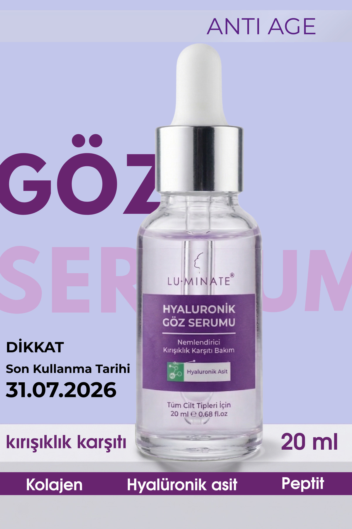 Luminate Göz Altı Serumu Kırışıklık Ve Morluk Karşıtı Göz Çevresi Yoğun Nemlendirici Hyaluron Kolajen Peptit