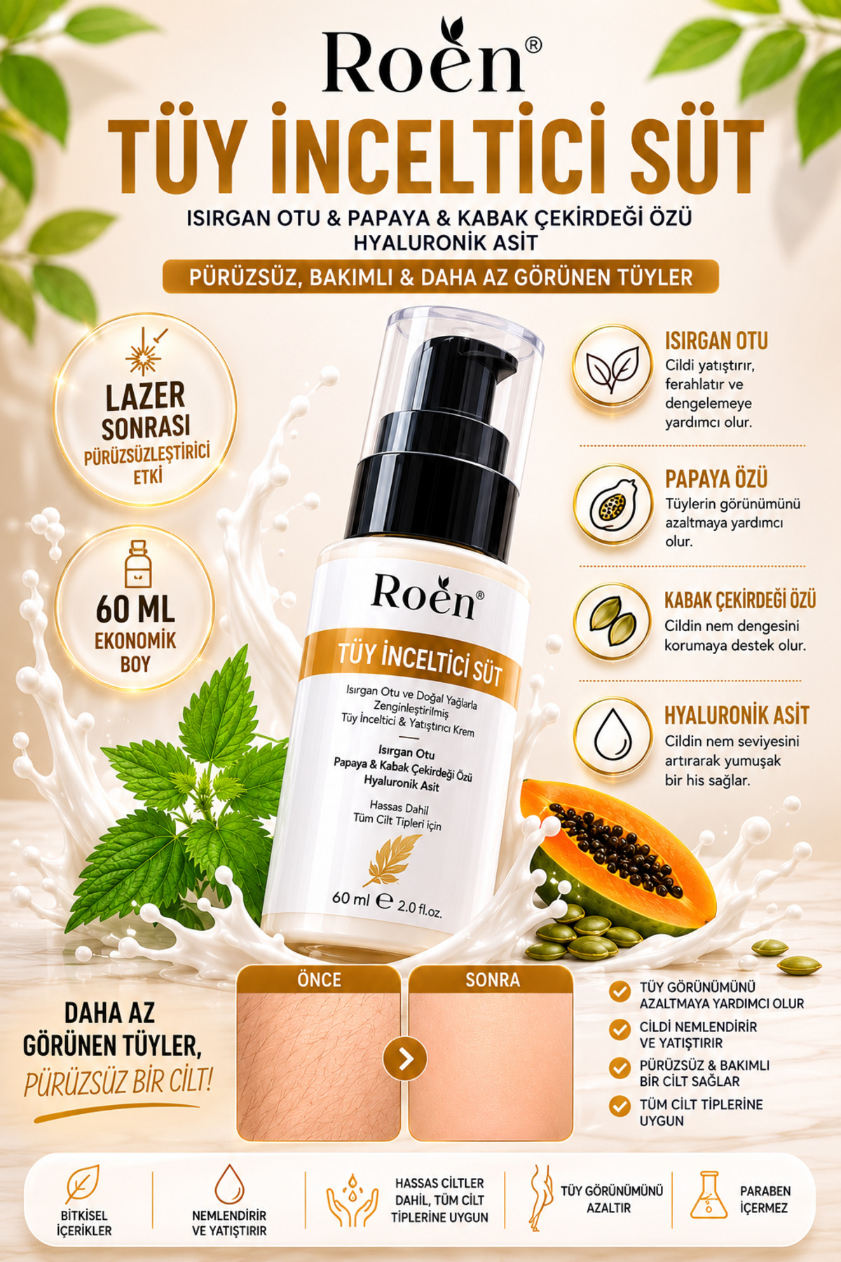 Roen Tüy Azaltıcı ve Bakım Sütü - Lazer Sonrası Pürüzsüzleştirici Etki - Isırgan & Papaya 60 ml