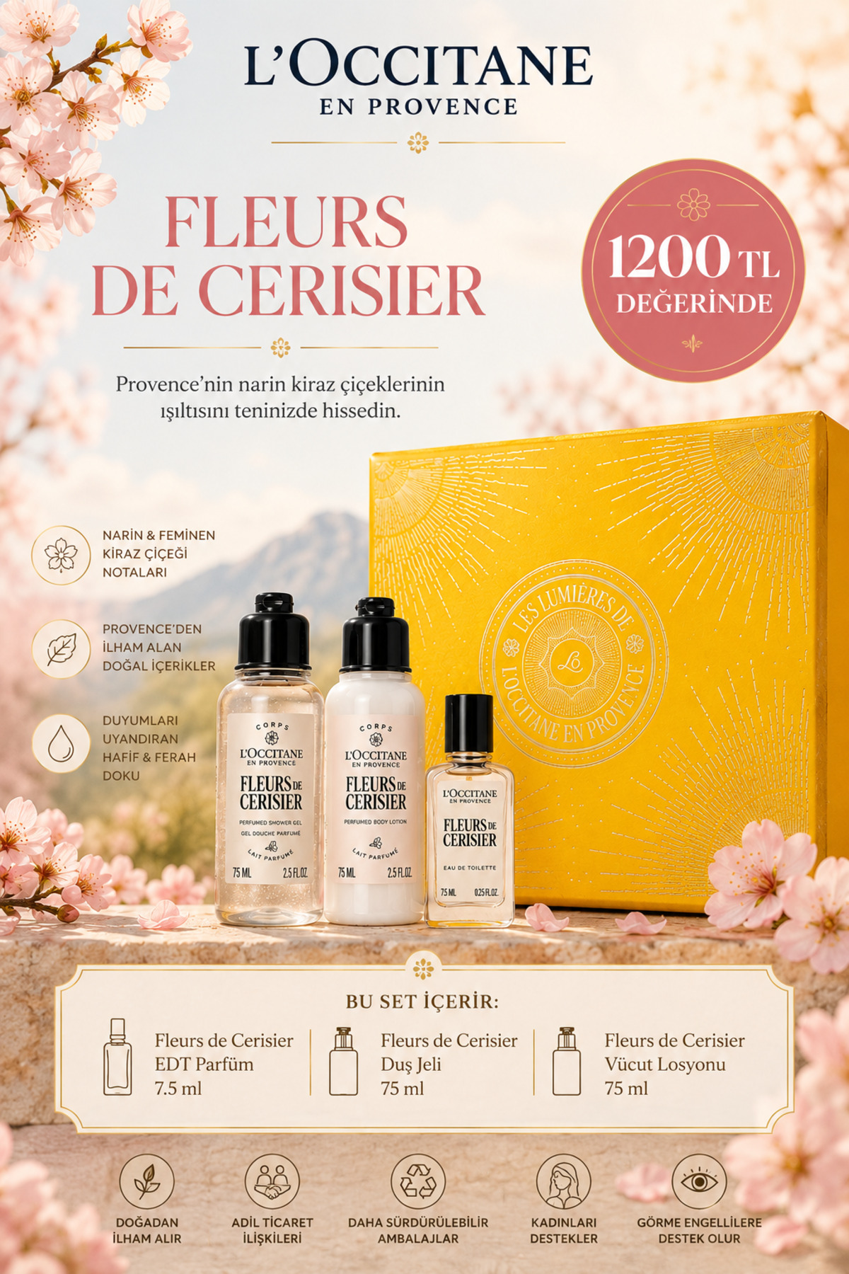 L'Occitane Fleurs de Cerisier Parfüm ve Vücut Bakım Keşif Seti, Özel Kutulu, 3'lü Set