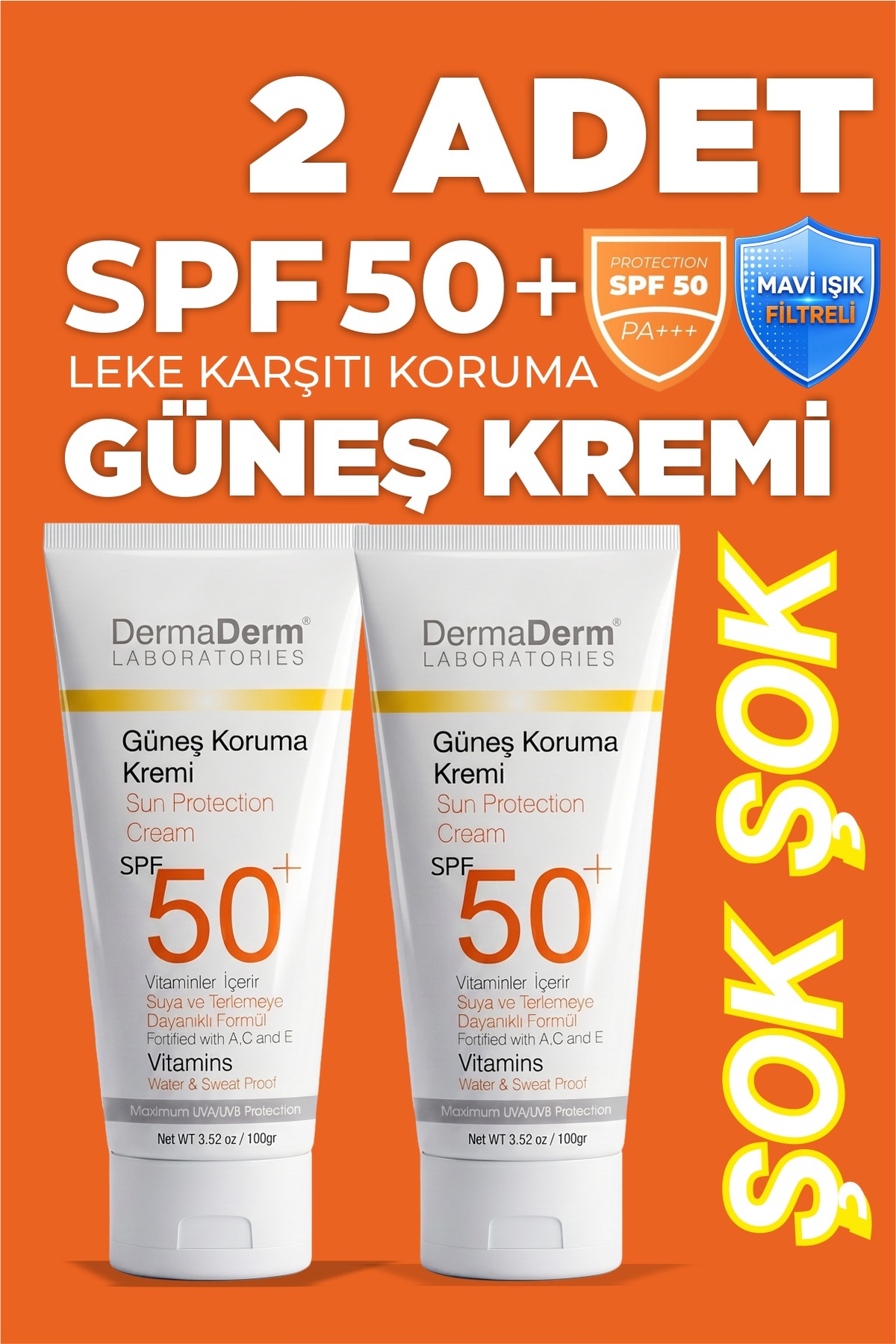 DermaDerm Güneş Kremi SPF 50+ Yüksek UVA/UVB Korumalı 100 gr (2 Adet)