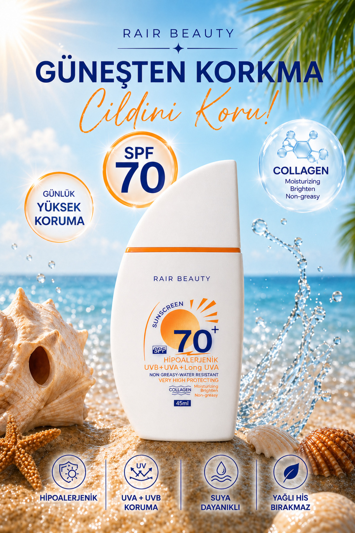 RAİR BEAUTY Tüm Ciltler için Yüksek Korumalı SPF 70+ Güneş Kremi 45ml