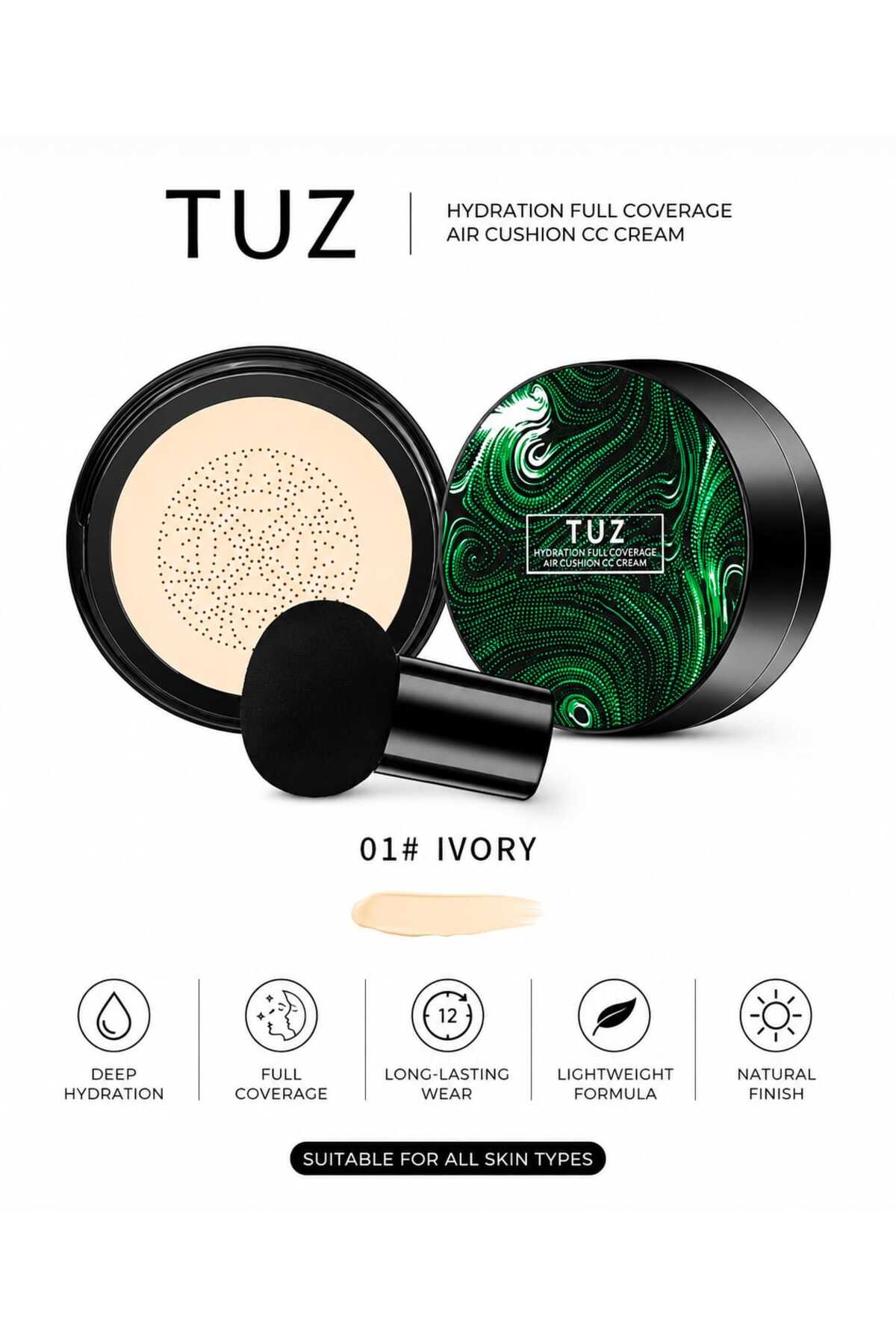 Angeala 01 Acık Ten TUZ Air Cushion CC Cream Tamponlu Makyaj Fondöteni – Full Coverage Nemlendirici Cushion Fondöten